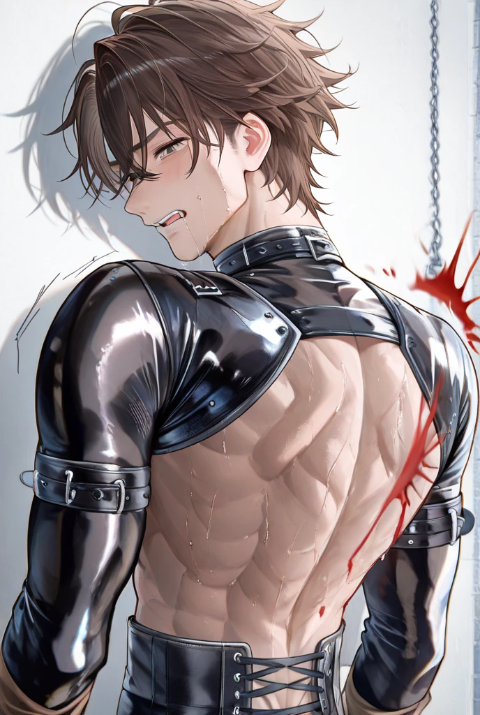 ultra-detailed, masterpiece, best quality, highres, extremely detailed, nsfw, (solo shoot:1.5), (1boy:1.5), man, (lean guy:1.5), short hair, work clothes, open shirt, bottomless, torn clothes, drunk, (restrained:1.5), shackles, handcuffs, gagged, bondage, (excessive cum on body:1.5), strobe lighting, spotlight,