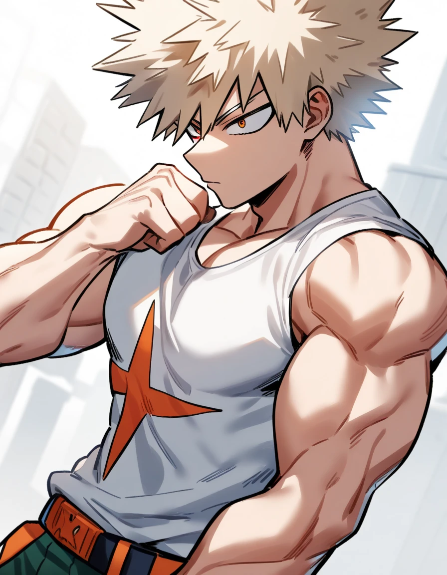 Bakugo Katsuki《My Hero Academia》, Wear black sweatpants,Topless, Smile, Bodybuilder,muscular, in fitness