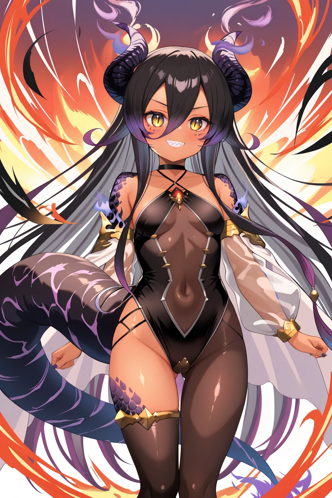 a woman in a bikini and horns poses in a field, usando costelas douradas, wearing shiny breastplate, it has lemon skin texture, menina anime sedutora, Hanayamata, armadura preta com detalhes amarelos, VRCabord, small curvy loli, deusa anime, estilo anime ecchi, preto hime corte cabelo, with lemon skin texture, Amarelado, Anime Waifu