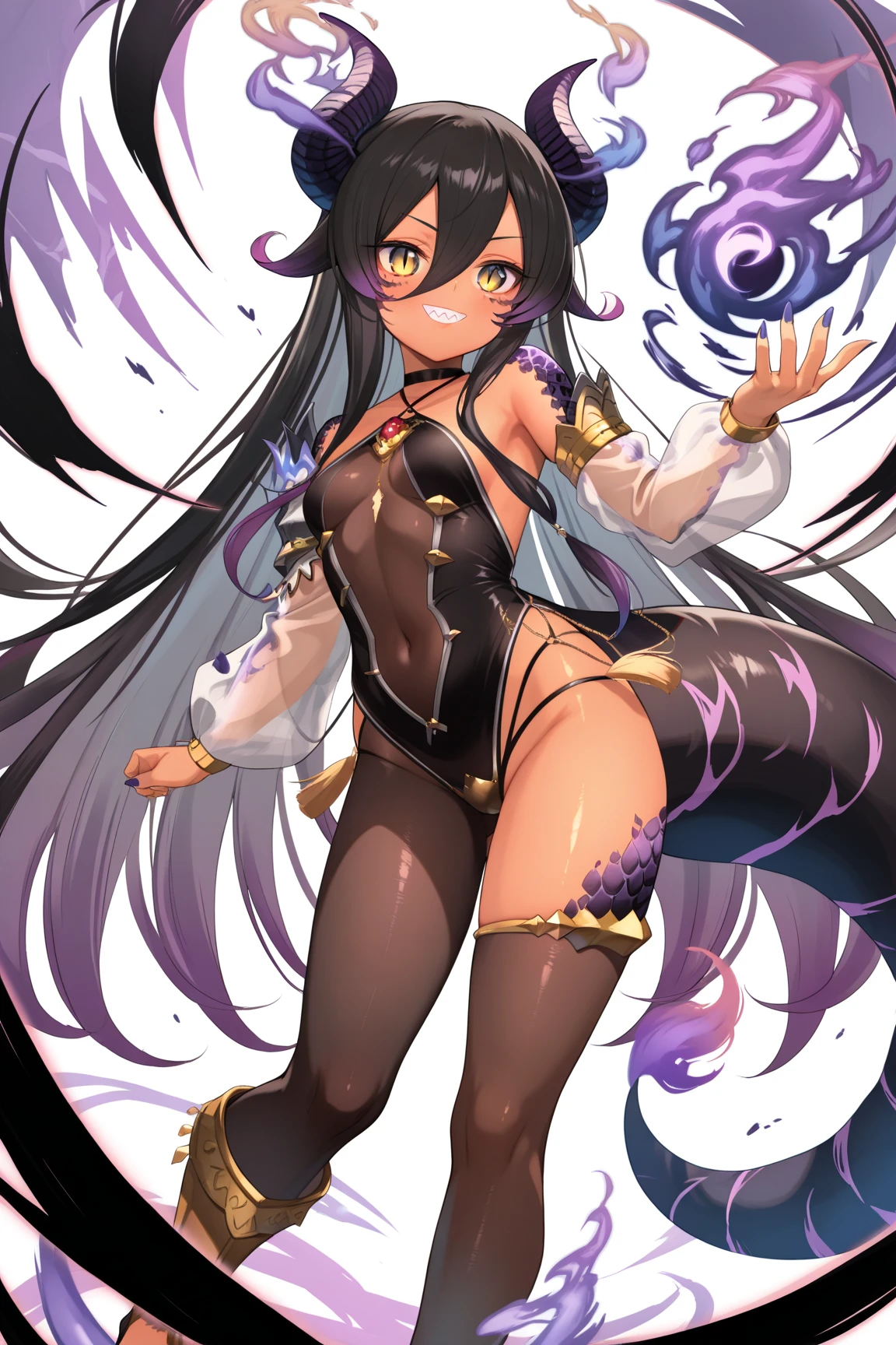 (masterpiece), best quality, intricate details, ultra details, ultra quality, rule of third (looking at viewer) detailed face, detailed iris, glossy lips, 1girl, solo, long hair, purple eyes, hair between eyes, purple hair, hair intakes, bangs, :D (full body shot wearing a yellow tiger bikini print) (clenching fists, better hands) standing full body hands on hips