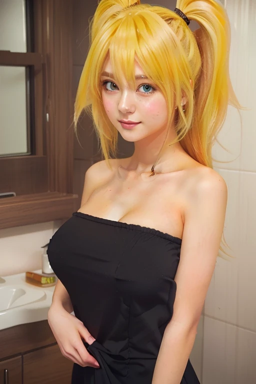 (finely detailed beautiful eyes and detailed face,masterpiece sidelighting,masterpiece,best quality,detailed,high resolution illustration),, (topless girl,whole body,lustrous skin,looking down,looking at viewer), (yellow hair,blue eyes,ribbon, sheer panties), (clothed_underbust:1.2),underboob tattoo, futurama style