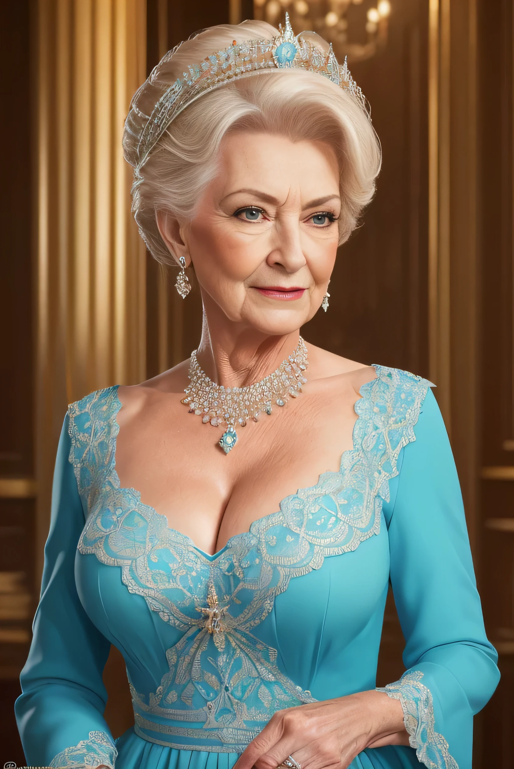 (Highest quality,4K,8k,High resolution,artwork:1.2),Very detailed,(Realistic,photoRealistic,photo-Realistic:1.37), Hall for people 60 and over々Barrel Madame, Queen,Dominant representation, (Nancy Patricia D........'Alexander Pelosi:1.1), A dignified figure, rich curves, Wrinkled face, lingerie,short hair, Intense aura, Sublime Dominance, Sexy lingerie, lingerie in different colors, In the bedroom, in the garden, Clear lingerie, Wearing panties,Make your bra visible, good, I'looking forward to it, Show me your ass from behind