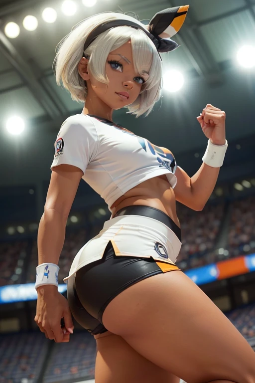 1 Girl、Beautiful silver hair、((((Very short hair))))、Blue eyes、(hair band)、((Blunt bangs)), small breasts、22 years old, (tsurime), Tight waist、smile、Natural lighting、Very cute face, Cute pose、Monte Carlo Street Circuit, Racing Car, Racing Bike, Promotion Girl, Grid Girls, The promotional costumes are exquisitely tailored., paying meticulous attention to detail, Lace-up boots, Short sleeve, Cropped tops, , Tube top bra, Knee-length, Exposing shoulders, Knee-lengthグリッターナイロンプリーツスカート, Asymmetrical medium size nylon pleated skirt, Promotional wear with logo, Red and white glitter promotional wear、back view, back shot, looking back, sexy pose, arched back, On all fours、Legs, stretch Legs, hip, stick out butt, Ass Focus、Sexy look,Shallow depth of field
