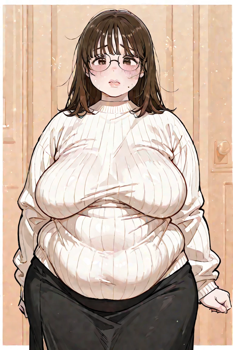 A Cute Young Girl, with (Lush, Medium Length Hair), ((Dark-Brown Hair)), (Big Beautiful Brown Eyes), Absolutely Enormous Breasts, Thick Thighs, and is Extremely Plump. Wearing an ((Off-white sweater)), a ((Cute Green Pleated Skirt)), and (Black Square Glasses, with a Thick Frames). Inside a Modern House, with wood paneling on the walls. Extremely Overinflated Breasts,