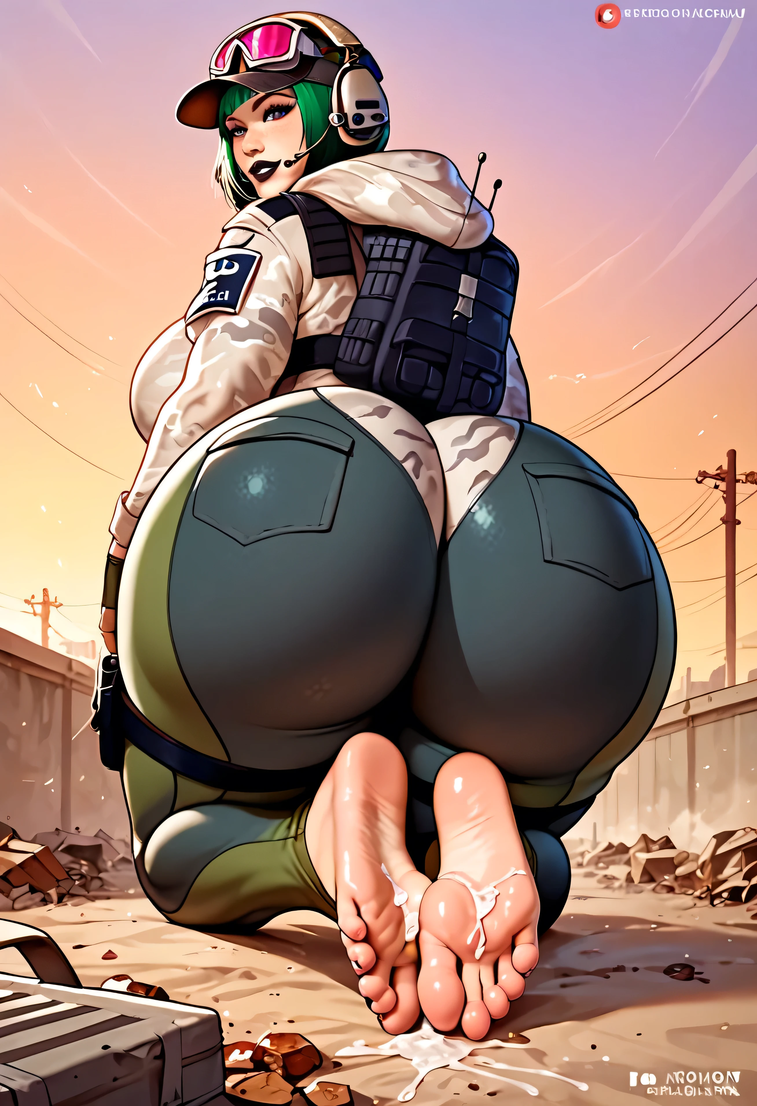 score_9, score_8_up, score_7_up, score_6_up, low angle, score_9. score_8_up, score_7_up, score_6_up, score_5_up, score_4_up, Ela, ela elite \(Rainbow Six Siege\),ela, ela \(Rainbow Six Siege\ HD, perfect masterpiece,score_9, score_8_up, score_7_up, score_6_up, score_5_up, score_4_up, score_8_up, score_7_up, Freckles, fFaceDetail, beautiful face, high detailed face, curvy body, fat ass, fat breast, 8k portrait of ela (rainbow six siege), camouflage, alone, red hair, backpack, boots, hat, goggles, goggles, pants, looking at viewer, jacket, hoodie, bag, green hair, bobcut short hair, headphones, blue eyes , black lipstick red jacket, gloves, holster, hood down, thigh holster, radio antenna, military, headphones, green tight leggings, ((full body)), piercing eyes, looking at viewer, dynamic pose, ((thighs)), (big : 1.0), looking back, (huge ass: 1.4), best quality, fat ass, fat breast, red blush, lipstick, red lipstick, (photorealistic: 1.2), looking at viewer,film grain, construction site scene, construction site background, debris, low angle , footjob(sex position) , sweaty body , shiny skin , footjob(sex position) , view from below , cocky , teasing you , cocky attitude , cum on foot , laughing at you , arrogant , extremely arrogant , arrogance beyond belief , sitting down , reaching out to you , covered in semen