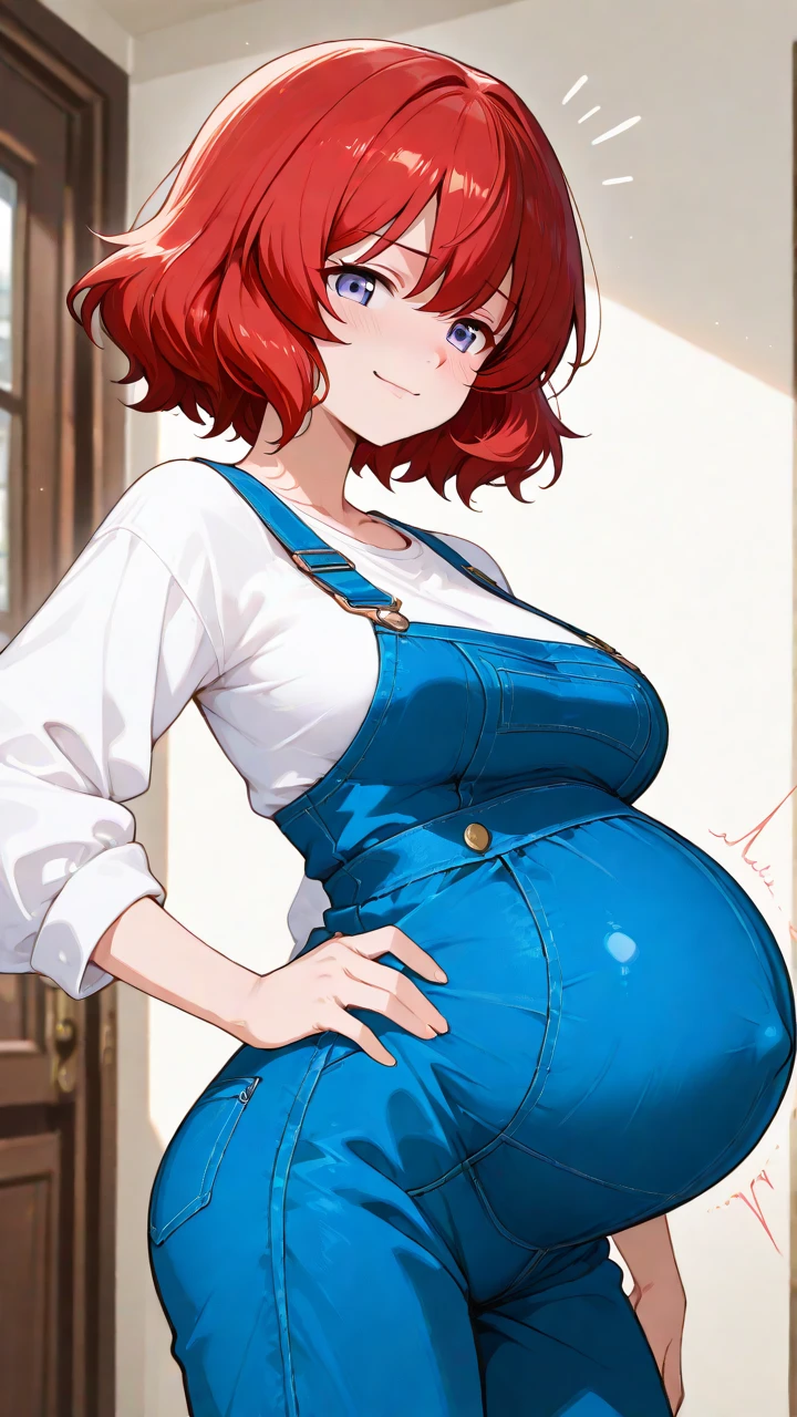 Beautiful petit redhead woman in her thirties, pregnant, huge tits, slim, small waist, round ass, wearing a blue sundress. She has grey big eyes, small nose and full lips. Sweet but angry expression. Standing outside the door in the porch. Point of view from inside the house and from above her