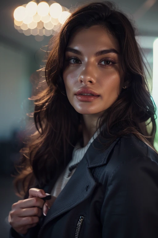 Full face portrait photo of a 25-year-old European girl, RAW, beautiful woman, semi-open strawberry lips, dimples, wistful look, (extra long wavy brown hair), ((detailed face)), ((detailed facial features)), (finely detailed skin), pale skin, (deep neckline detailed high-tech cyberpunk dress), cyberpunk megacity environment, (cool colors), damp, damp, reflections, (masterpiece) (perfect proportion)(realistic photo)(best quality) (detailed) shot on a Canon EOS R5, 50mm lens, F/2.8, HDR, (8k) (wallpaper) (cinematic lighting) (dramatic lighting) (sharp focus) (intricate), RAW photo, RAW photo, gigachad photo, posing for camera, black jeans, back arms, 8k uhd, dslr, high quality, grain film, Fujifilm XT3, film stock photography 4 kodak portra 400 camera f1.6 lens rich colors hyper realistic texture dramatic lighting unrealengine trend in artstation cinestill 800 tungsten, toughboy style, ultra focus face, intimidating, in fighting position, short messy hair, muscular, bursting veins, beaded