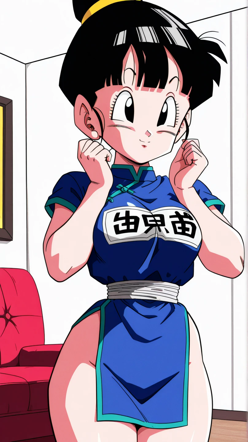 (extremely detailed CG unity 4k wallpaper),(masterpiece),(best quality),(ultra-detailed),(best illustration),(best shadow),(absurdres),(detailed background), Chi Chi (dragon ball), 1girl, solo, black hair, chinese clothes, large breast,large ass, bangs, blunt bangs, (ponytail), black eyes, china dress, sleeveless, dress, ponytail, hands on own cheeks, wristband, sleeveless dress, upper body, blue dress, :o, long hair, eyelashes,arms up,armpits wet,wet silk