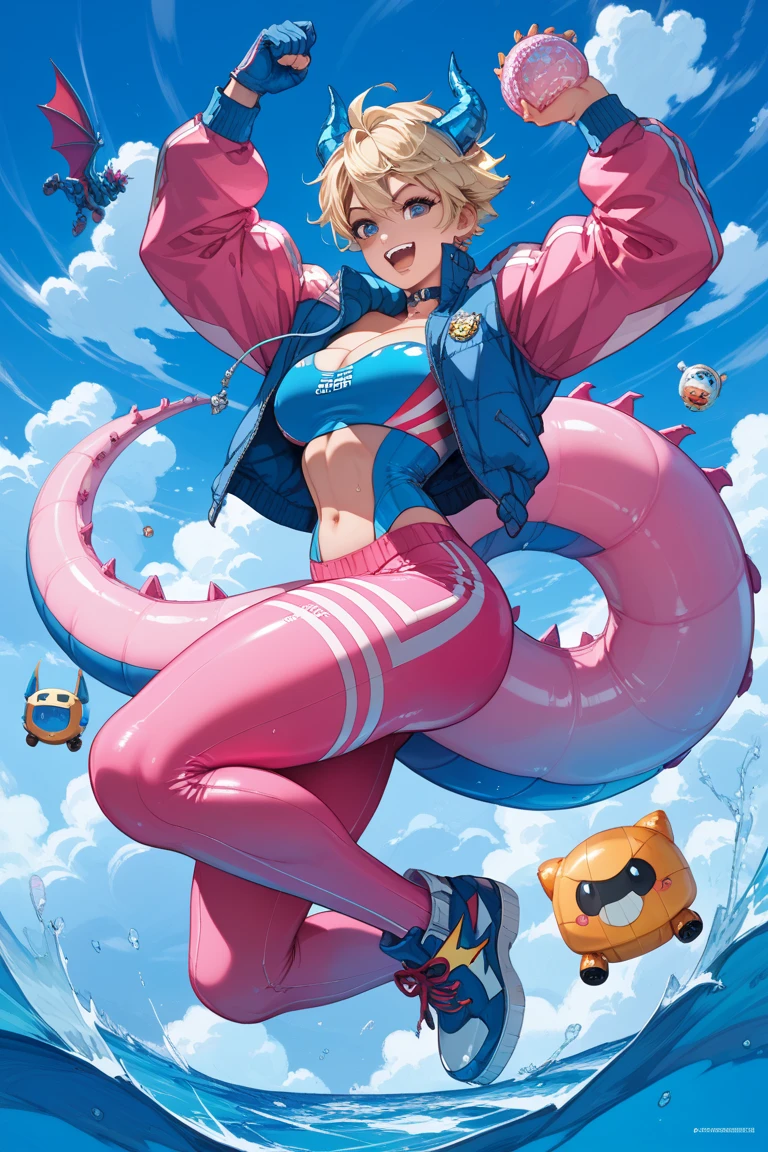 A girl dressed like a flying squirrel flying over the forest and lake、((Girl flying in the sky))、smile、Multicolored Hair、Open your hands、((sky diving))、belly button、Shorts、Cleavage、Colorful ornaments、((Angle from the sky))、Angle from the ankle、