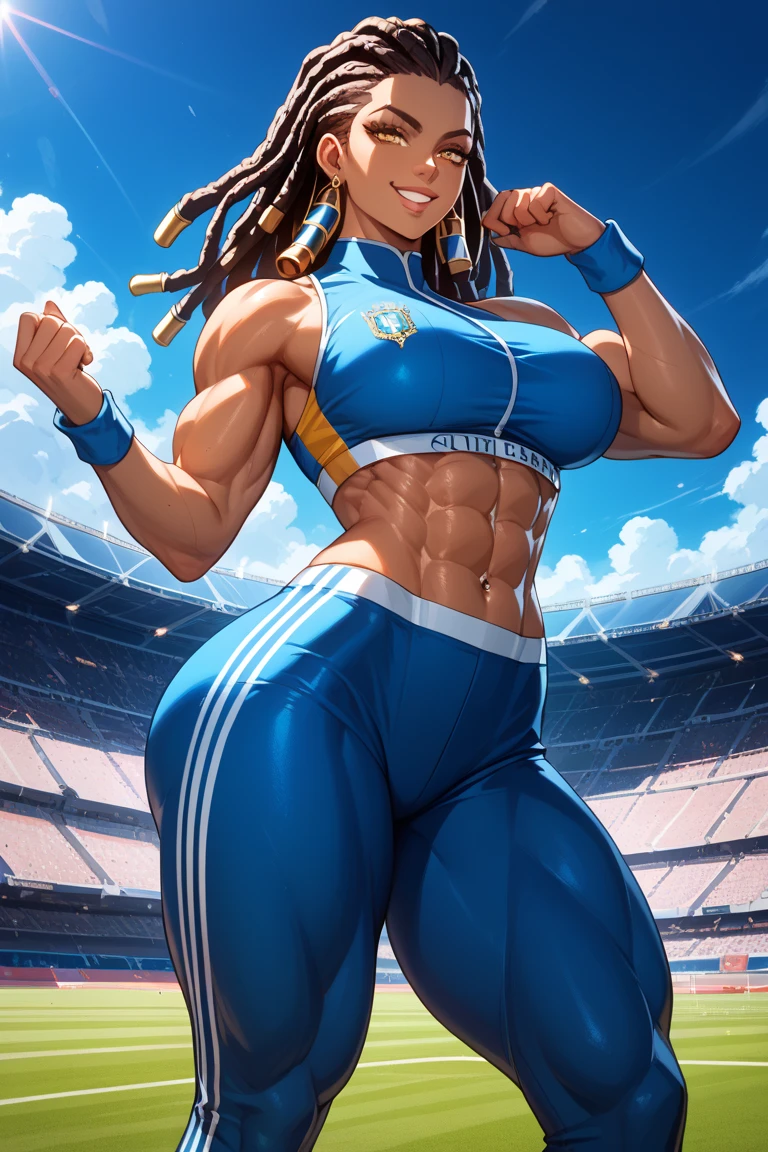 (solo:1.1),(masterpiece), (best quality:1.3), (full Body:1.1) , highly detailed, intricate, professional art, digital art, absurdres, 1girl, solo, black hair, braided hair, hair with coloured tips, slender body, tall girl, long legs, fit girl, abs, full lips, African American, dark brown eyes, gold hoop earrings, smile, visor cap, brown skin, (dark skin:1.4), red pants, sneakers, sports bra, fingerless cloves, bandana scarf, medium breasts, wide hips, full lips, futanari, testicle bulge , crotch bulge, pubic hair, pubic hair trail, BREAK, alleyway, pose, city, graffiti wall, BREAK frontal view, universal lighting, BREAK