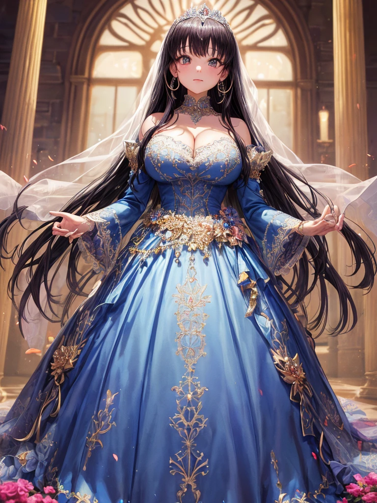 ((anime artstyle)),(Masterpiece),(Best Quality), (Super Detail),(Highly Detailed CG Unity 8k wallpaper),((Very Delicate and Beautiful)),cinematic lighting,1 girl,((full body portrait)),((standing in garden)),((solo)),(((1 fairytale princess in gorgeous embroidery and jeweled extremely gorgeous rococo princess ballgown with voluminous full length hoop skirt))),an hourglass waist,padded and corseted bodice,(((huge crinoline hoopskirt))),long train,((gorgeous embroidery and jeweled)),voluminous frills,See-through,(((extremely gigantic tits,skindentation))),cleavage,((absurdly Long Straight Hair,extremely voluminous Straight long Hair,absurdly Long Straight Hair)),(finely detailed face and eyes),(Blush,Smile),clear pupil,extremely gorgeousfull hair ornament,(bling-bling jeweled extremely gorgeousfull tiara),((bling-bling gorgeous gemstone jewelry)),gorgeous long veil,((ultra long gloves)),(beautiful background),(full body),((gorgeous embroidery and jeweled extremely gorgeous rococo princess ballgown with voluminous full length hoop skirt))