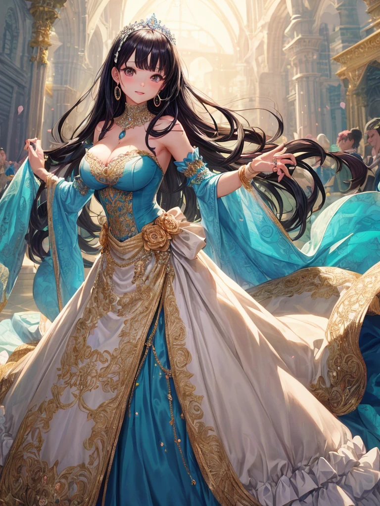 ((anime artstyle)),(Masterpiece),(Best Quality), (Super Detail),((Very Delicate and Beautiful)),((Solo)),Standing,((full body)),((1 princess in beautiful embroidery and jeweled gorgeousfull rococo ballgown)),detailed face and eyes,jewel-like eyes,((extremely voluminous straight Hair,Extremely Long Straight Hair)),(((very gigantic breasts,cleavage,curvy))),skindentation,((gorgeousfull embroidery and lace,beautiful embroidery and jeweled)),Gorgeous Gemstone Jewelry,gorgeous corsage,gorgeousfull hair ornament,gorgeousfull glitter jeweled tiara,((full body)),((voluminous hoop skirt,crinoline,Long train)),luxury palace,Dynamic Angle,Looking at viewer,(((beautiful embroidery and jeweled gorgeousfull rococo ballgown)),full body