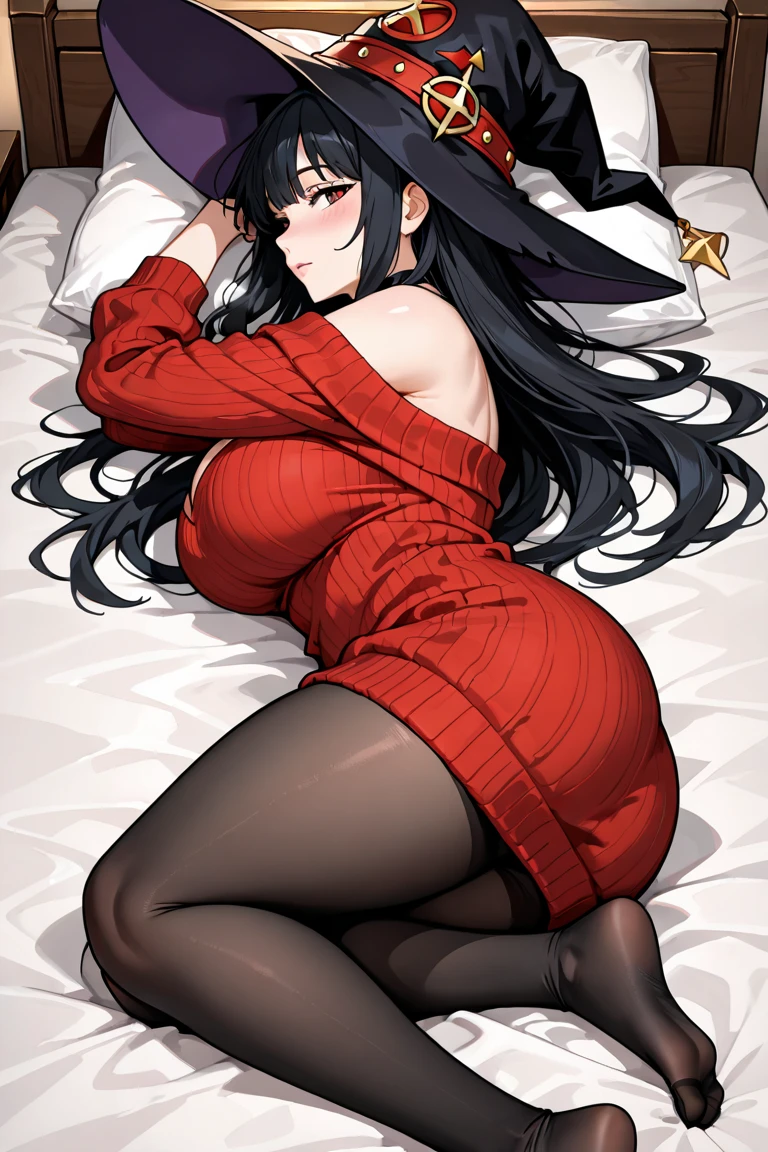 A wife, long black tired hair, nice body line, nice red eyes, red tight sweater, and tight stockings, getting hot and sexy on a bed, appealing with a bounce and a panting face. She is about to pass out because of excitement