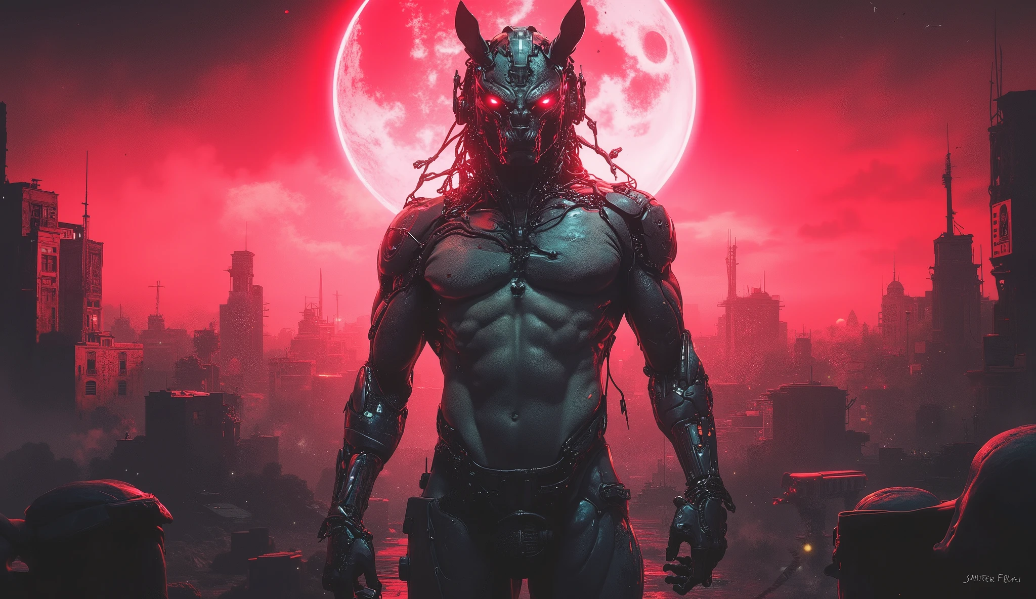 A DEMON (MAN) (30 YEARS) WITH RED EYES CYBERPUNK STYLE PORTRAIT STYLE (long hair)(full body) very strong --auto --s2