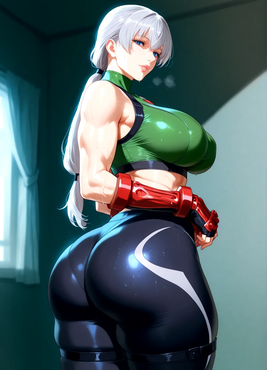 (melhor qualidade:1.3), (qualidade 4K), good composition, green glowing light, full body, head rest, lips, (pretty face, low-tied long hair, ((red_eyes:1.3)), (day:1.2),yor, (Grinning smile) ,(((blush))))), ((large udder)), sagging breast, huge breasts, thicc thighs, huge breasts, sagging breast, huge breasts,, gym, workout, hot, sweating, blush, ((black micro crop top)), huge ass, huge thighs, gigantic ass, butthole, toned ass, toned back, looking at viewer,