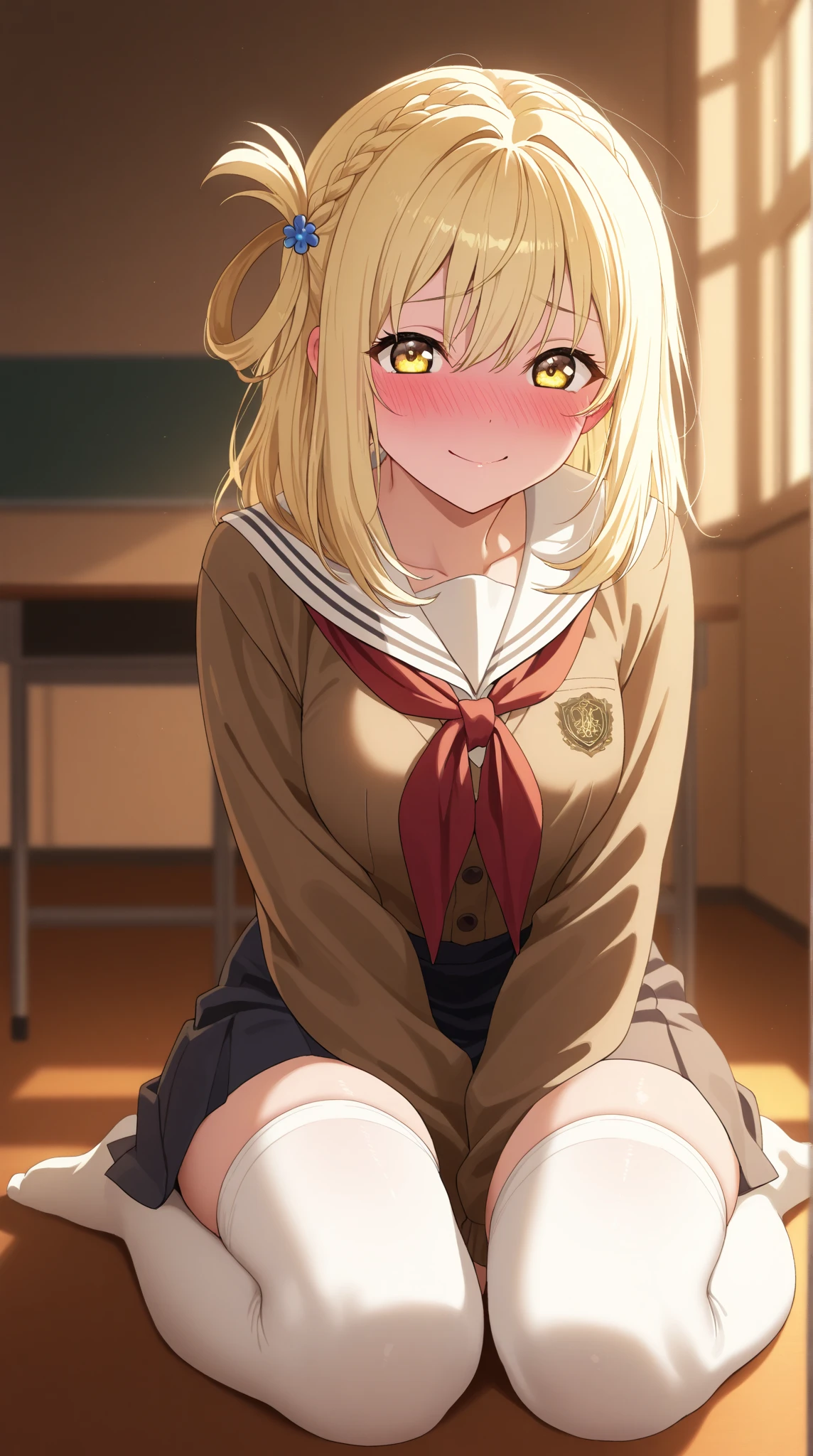 boy open legs seduce sweat sweat crazy eyes, sick petite, sweat, blush, school uniform , casual clothes, (brown eyes 8k best quality masterpiece very detailed wallpaper smile grin lick tongue yellow hair
