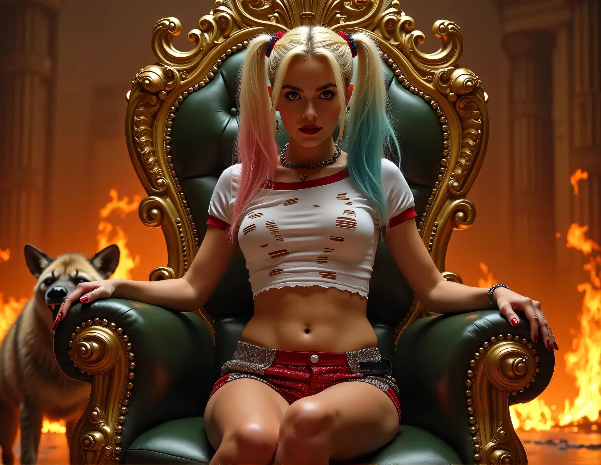 (8K, RAW photo, Best quality, Masterpiece:1.2), Ultra detailed, offcial art, full body shot of, photo-realistic:1.37, Huge, The can be seen through the shirt by exposing the cleavage, DC Harley Quinn, filmgrain, Dynamic pose, Bigchest, The camera focuses on her chest, ((nsfw)), exposed breasts, ((perfect vagina)), exposed vagina