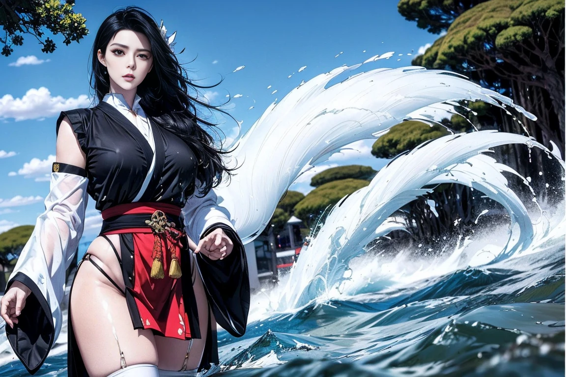 (((woman)) Highest quality, Ultra-high resolution, 4K fine CG, masterpiece, Izanami,Black Hair,woman, warrior,water,river,Feudal Japan, ((whole body)),water莫華, Chinese painting style, Thangka Style, beautiful, Beautiful images, In the center of the canvas