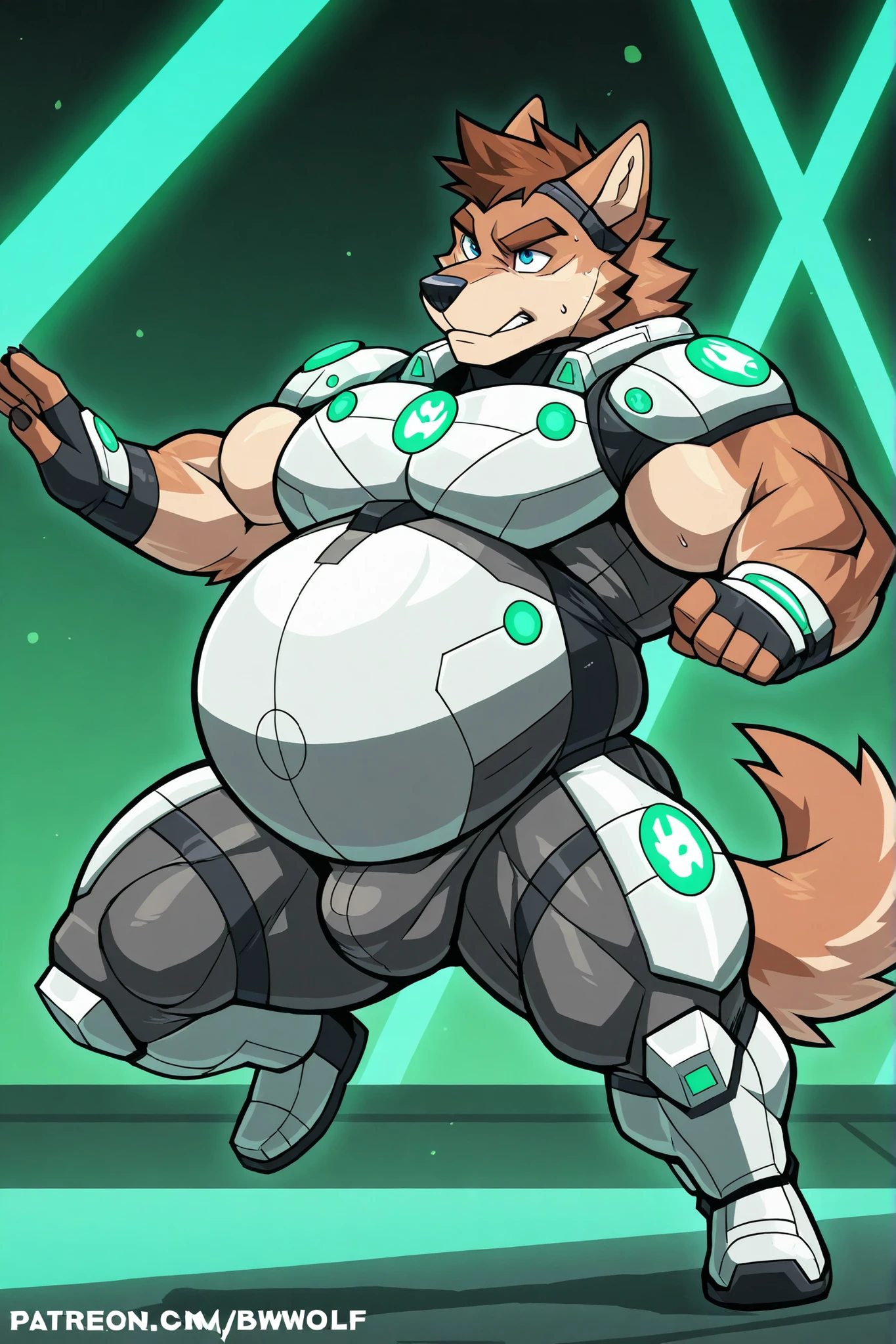 light brown wolf, furry, male focus, big belly, fat body, big large pectorals, muscular arms, thick thighs, huge muscular, short brown hair, blue eyes, light gray futuristic armor, green lights, normal bulge, action pose, full body