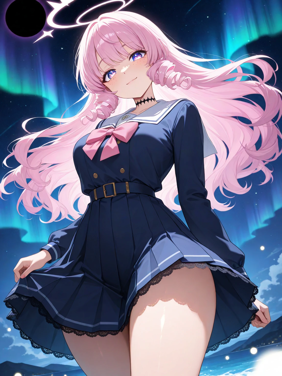 ((best quality)), ((highly detailed)), masterpiece, , (1girl), (glasses), from above, cowboy shot, <lora:hairdetailer:.5>, innocent, wide eyes, big eyes, cute, breasts, orange sundress, maxiskirt, (outside, stars, galaxies, space, asteroids, space ship, midday, lightning storm), <lora:Baalbuddy_style_v01:1>