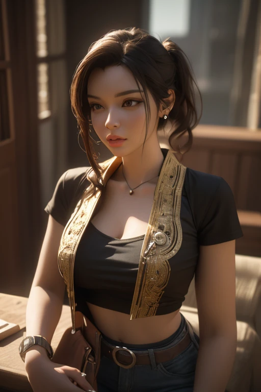 Bra is visible, Full body image, Highest quality,masterpiece,masterpiece portrait,Intricate details,Magnificent Light,Fantasy,Dungeons & dragon,Retro,priest,Dark Elf,One girl,Wooden table,Shoulder strap,Grey Skin,Elegant smile,squint,Close-up portrait of a Mycenaean Drow woman wearing gold jewelry, Spider:0.9, web:1.0, Fantasy, Volumetric lighting, コンセプトart, Brush Stroke Style, artステーション, trend, Very detailed, art:Greg Rutkowski