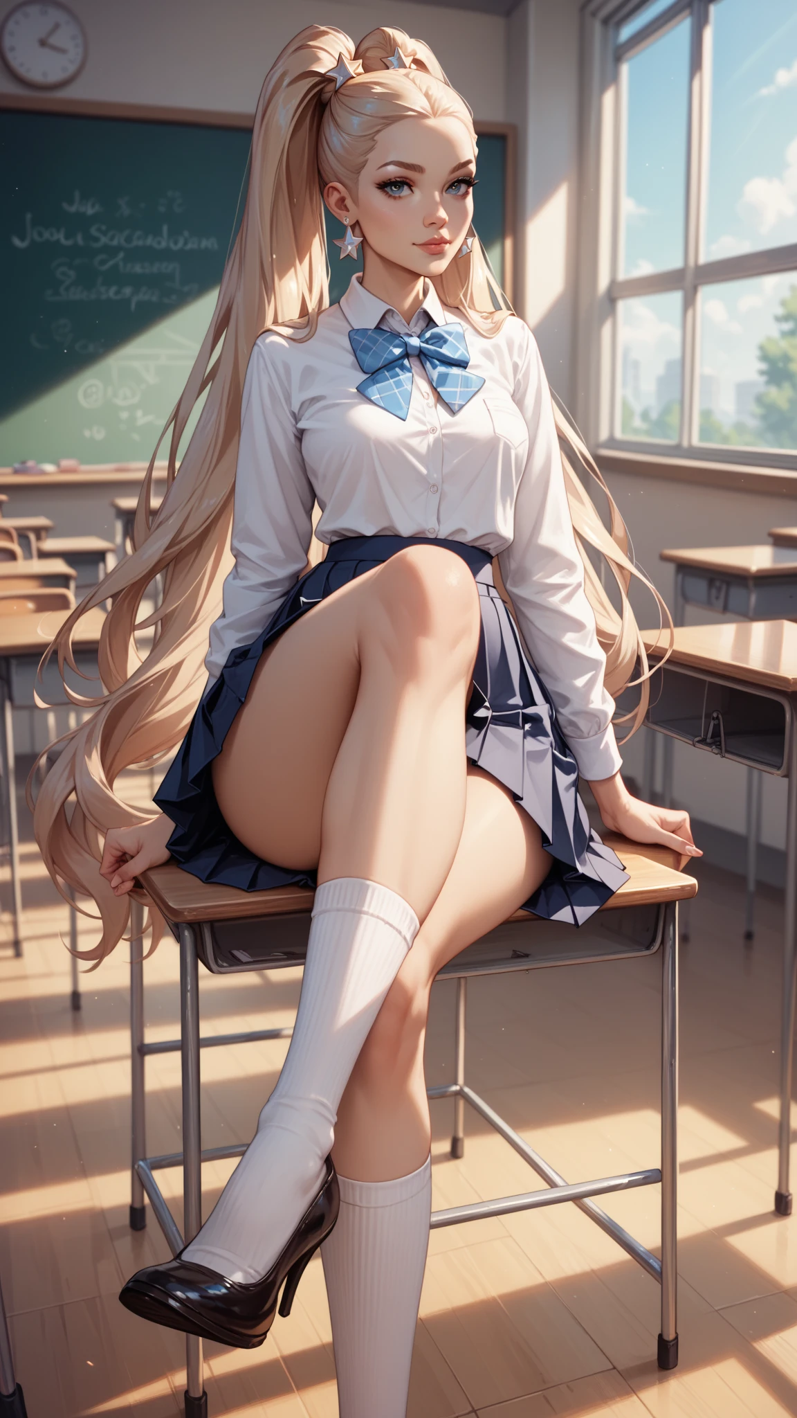 1girl, solo, long hair, breasts, looking at viewer, blush, smile, bangs, skirt, blonde hair, brown hair, shirt, thighhighs, long sleeves, bow, brown eyes, sitting, closed mouth, , jacket, full body, white shirt, braid, thighs, pleated skirt, collared shirt, indoors, bowtie, red bow, feet, white thighhighs, lips, legs, parted bangs, plaid, toes, plaid skirt, no shoes, blazer, blue jacket, red bowtie, knees up, on floor, chalkboard, asuna \(sao\)