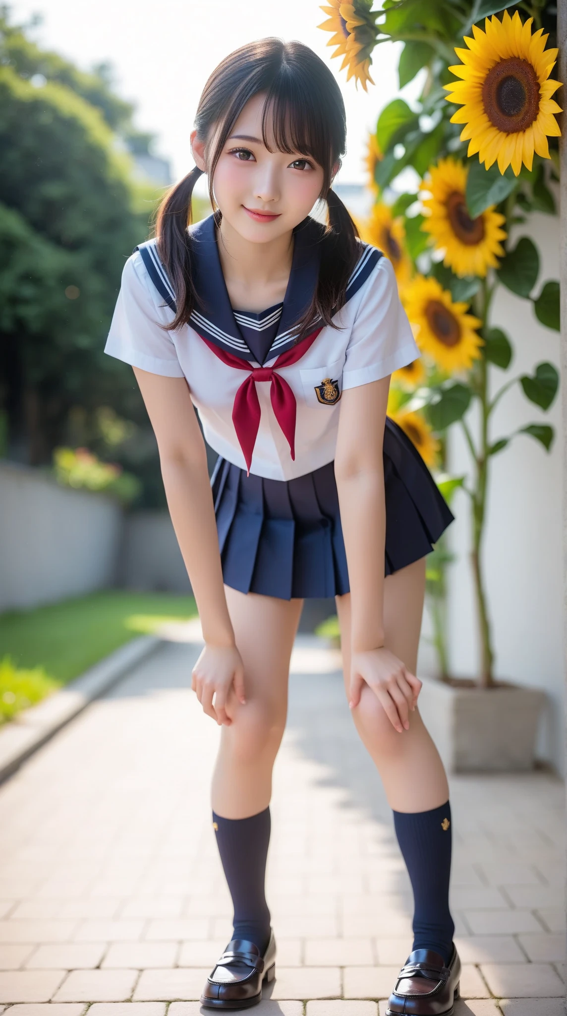 ((NSFW)),(8k、RAW Photos、highest quality、masterpiece:1.2)、(Realistic、Photorealistic)、19 years old、1 girl、From the corner of your eye1Tsu Mole、((Short sleeve white shirt、Sailor suit、Red tie、Above-the-knee navy pleated skirt))、(high school girl)、Navel comes out、((The underboob is visible))、Roll up your skirt、Gal、Lots of eyelashes、Eyelid wrinkles、Dark red knee-high socks、skeletally correct、Wavy short bob hair、Cute Smile、Sweaty body、Attractive body、Beautiful perfect body、V-line emphasis、Place your hands behind your head、Beautifully trimmed fingertips、((View from below)),
