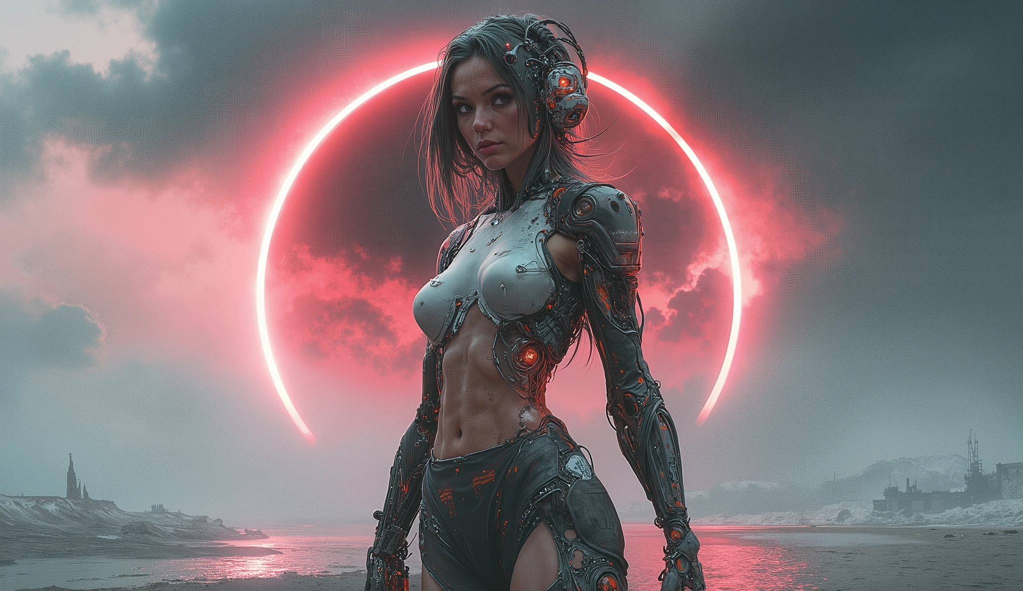 Full length detailed view. full sexy body, sexy muscle hybrid strong man and half cyborg animal, with big muscles looking into the camera, sexy muscle hyprid, hd realistic sharp details of the skin, beautyful eyes, cyborg hair, looking strong, a sexy mechanical outfit, in the background is a sun eclipse, Opalescence technical digital design. perfect eyes, top quality neo-Harajuku style embodying the mood of a post-apocalyptic world of an destroyed city by daylight, intricate robotic details, space age attire highlighted by sharp contrasting shadows, startlingly vibrant neon colors, atmospheric dust particles, decaying beach background , digital UHD rendering, a breathtaking mix of fashion and dystopia. In white red and light black &white tones, hyper-realistic portrait in white, black and red.(rede: 0.4), (natural skin texture,(facial details: 1.05) Hyperrealism, soft light, Sharpness (dark frame: 1.1), epic realism, full of quiet elegance. high contrast, cinematic lighting, and a whisper of metallic shine on the fabric. editorial, timeless chic. metallic cyborg details, photo from far away, full body girl picture, sexy, robotic parts, big moon, big sun, detailed