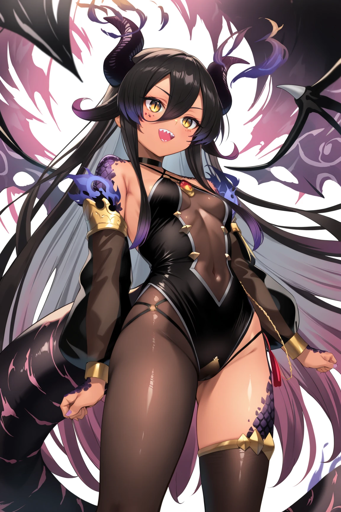 ((highest quality)), ((masterpiece)), (detailed),
Five Fingers, Perfect Face, Beautiful fine details, Beautiful body, Beautiful breasts, Beautiful thighs, Small breasts、Beautiful feet, (Brown Skin), One Girl,
(Red High Heels), (Two Sides Up with Red Ribbon), (Black shiny knee-high stockings, Black lace skimpy thong panties), ((Purple Bodycon, latex, Fits perfectly against the skin)), belly button、belly buttonピアス、
Wicked Smile、((Grin))、She turns her face and body towards the viewer,She has a pretty face and a charming smile,Wearing earrings and a necklace,The accessories are gold、Are standing