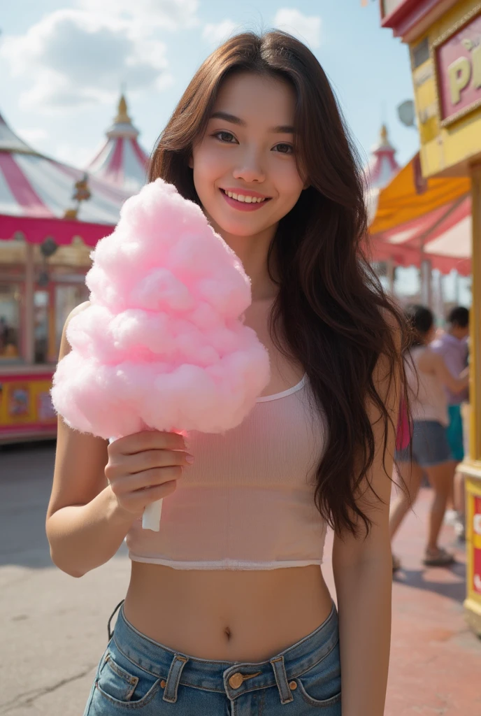 Best Quality, Masterpiece, Pretty Woman, Pink Bikini, Black Hair, White Skin, Skinny, Big, Laughing Jaw, Ponytail, E Cup, Accentuated Breasts, Upper Body, Up