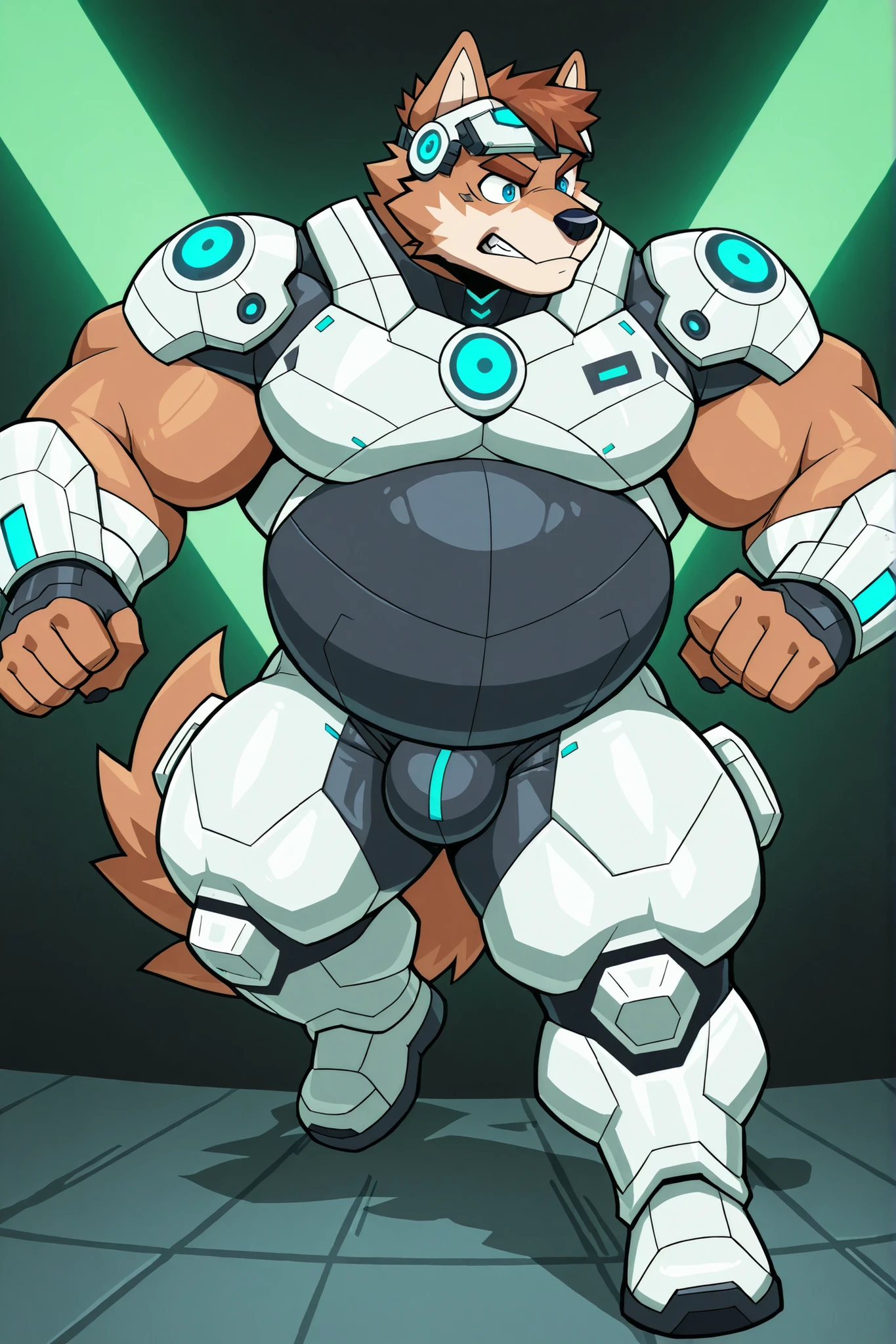light brown wolf, furry, male focus, big belly, fat body, big large pectorals, muscular arms, thick thighs, huge muscular, short brown hair, blue eyes, light gray futuristic armor, green lights, normal bulge, action pose, full body