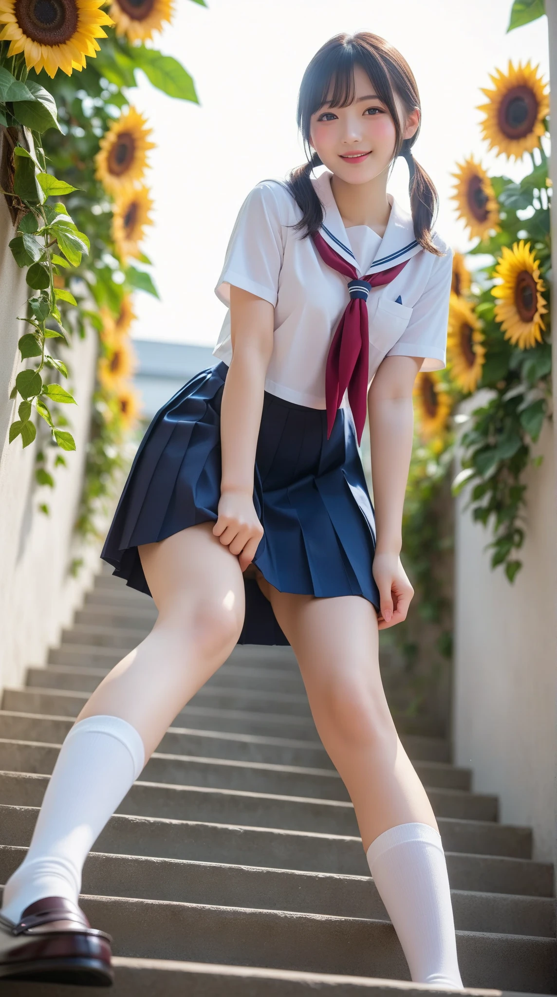 Top quality, schoolchild, loli, 12 years old, smile, happiness, white panties, school uniform, full body, black hair, cute, (((When viewed from below, when looking up from your feet)), (5000m, giant girl, woman gigantic))))(Towering legs, towering body, towering socks))(Perspective on legs)(Perspective on legs) ))