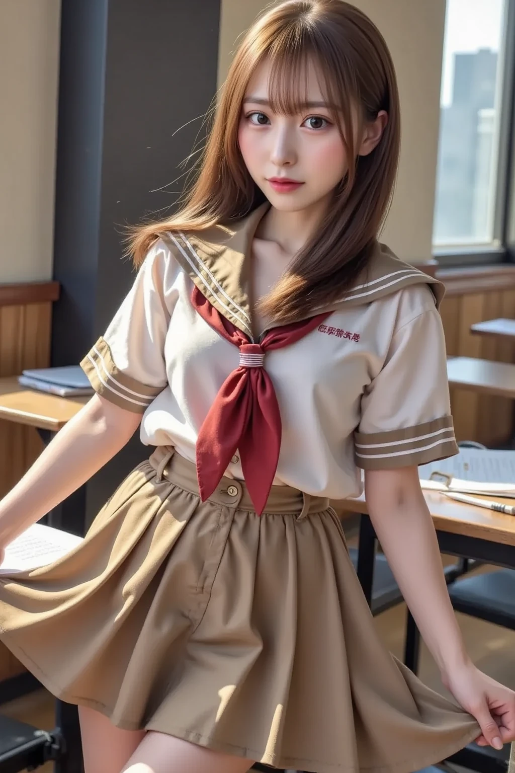 (8K high resolution), (Highest quality), (RAW quality),(Tabletop:1.2), (Realistic), (Realistic:1.37), ,Big eyes,Long eyelashes,（Live-action realistic style）,The ultimate face,Realistic Light and Shadow,Distinct facial features,,Fair skin, ）,Best Portrait,Close-range shooting, 1 girl, cute,Beautiful attention to detail,Highly detailed skin,(Beautiful face with double eyelids), (realism: 1.4),((Full body image))  ,Fine and beautiful face,,Women around 20 years old,(Beautiful Face 1.4),Mid-length hair,((Japanese  in uniform)),(Make eye contact with your audience),Red lipstick,Dragging around the eyes,(Laugh a little),In a park rich in nature,Sit upright on one knee.,Her skirt is rolled up.、The panties are perfect..,Pastel colored panties,I love showing my underwear to the audience,Show the audience your panties,(Japan Uniform),A beautiful face reflected in the light,Red lipstick,Dragging around the eyes,Very beautiful legs are attractive,A very bright world