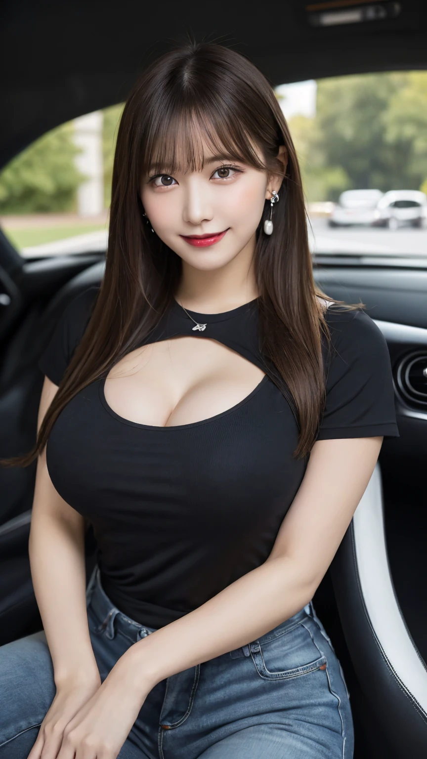 (8K, 超A high resolution, Best Quality, masutepiece:1.2),(18year old:1.2)、Race Quinn、（Meeting Show）、companion、racing car、clong legs、(Dishonest laughter)、(looking at away)、8K、RAW portrait of japanese girl、Photorealsitic、超A high resolution、top-quality、 (huge-breasted, cleavage:1.2),(highleg)、(((Vinyl Mini Skirt Costume)))、(Laotex)、Glossy outfit、(frombelow:1.2)、(Makuhari Messe)、(((Toyota、Nissan、HONDA、ＢＭＷ，Audi、ford, etc.)))、Stand next to the car、arms in arms、(Panchira:1.2)、(upscale cafe:1.4) Romper (natural skin textures、Detailed skin、Hyper-Realism、ultra sharpness)、intricate detailes、depth of fields、Dim lighting、韓国アイドル、乃木坂アイドル、hposing Gravure Idol、Fashion Model Pose