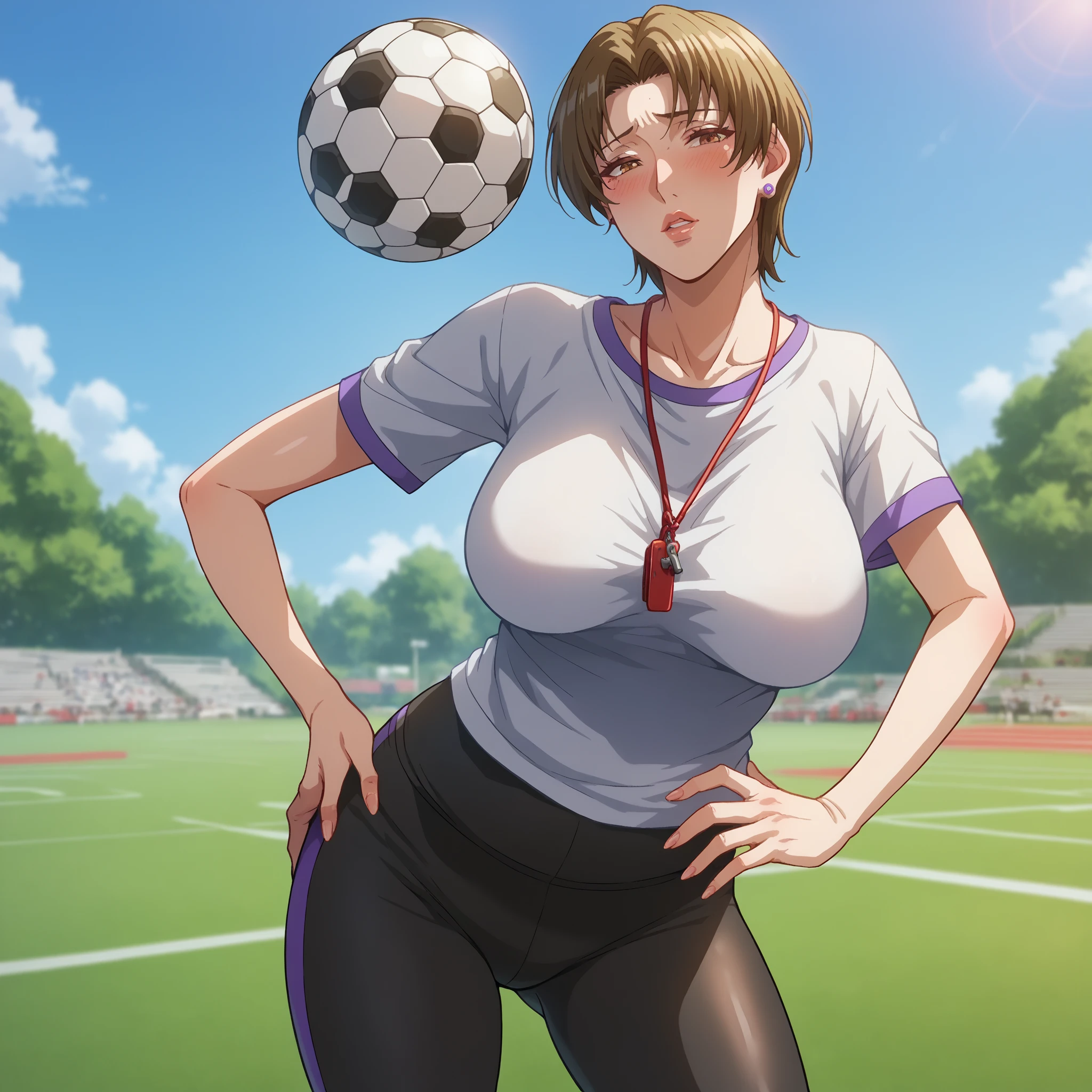 Korra has large breasts and is wearing sport clothes and she is sweating