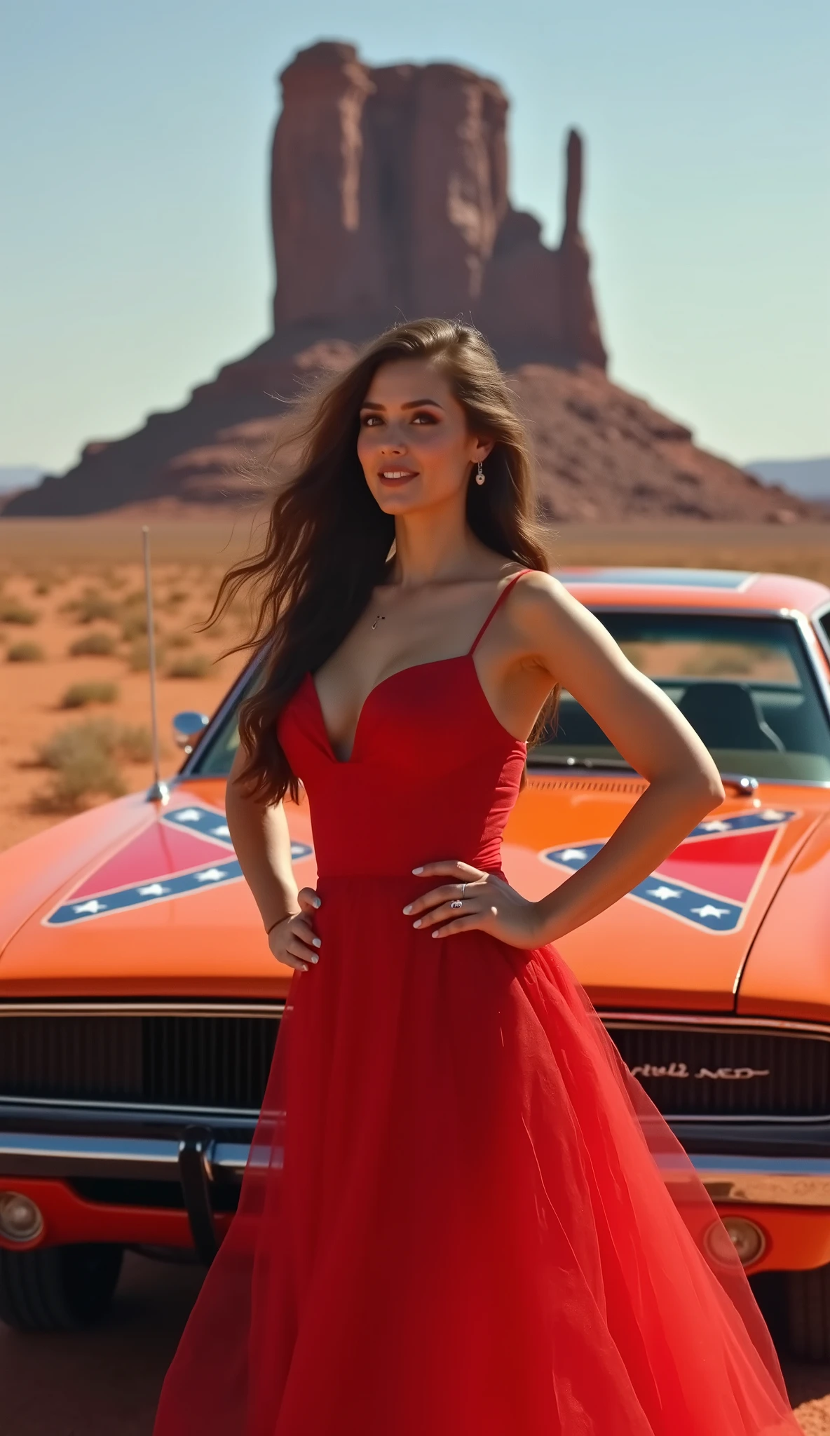 highdefinition images、beautiful woman in a red dress in front of a car with the Confederate flag on it、Orange image posing in front of General Lee(70s Dutch Challenger)Picture of a beautiful woman in a red dress posing in front of a car with the Confederate flag on it、in the background is Monument Valley