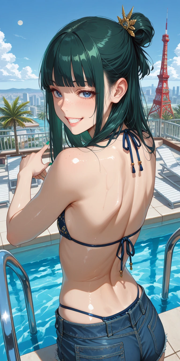 best quality, masterpiece, high resolution, 1 girl, micro bikini, hair accessories, tattoo, big bust, pretty face, physically, Tyndall effect, actual, shadow studio, edge lighting, Two-tone lighting, (High detail skin: 1.2), 8k ultra high definition, SLR camera, soft light, high quality, Volumetric light, , photo, high resolution, 4K, 8k, background blur,