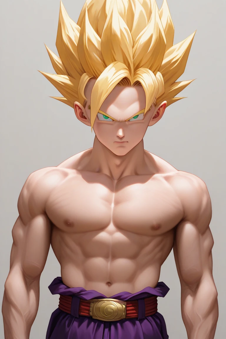 Full full body photorealistic ultra realism high definition aesthetic stabilized diffusion picture of handsome hunky fractal clean shaven hayate ichinosi as Super Saiyan Guko ,standing firmly face front camera focus.