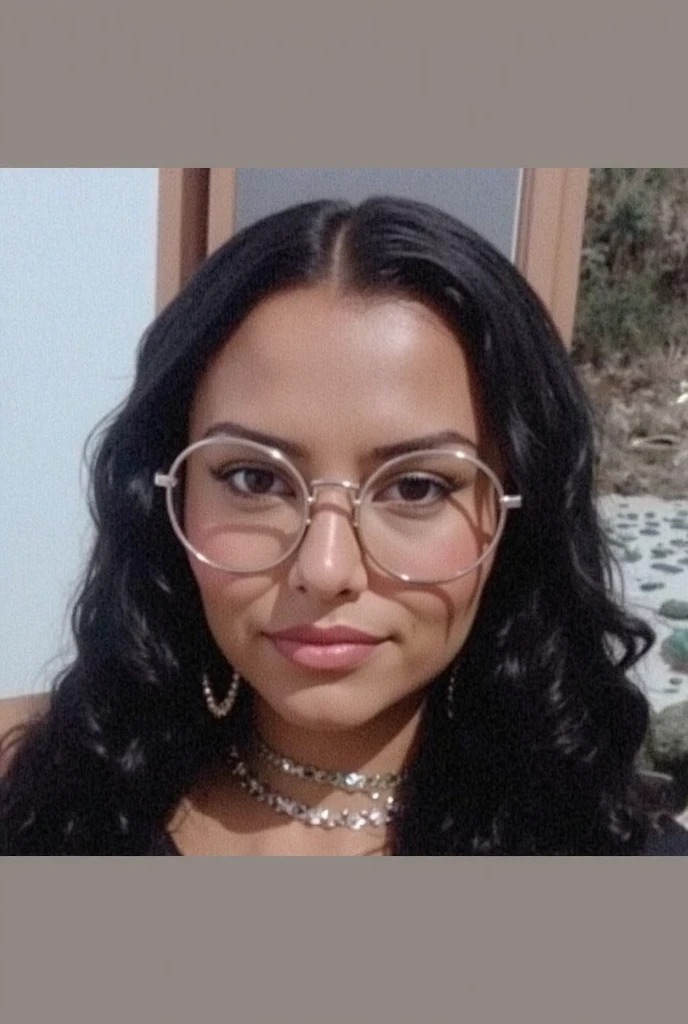 Beautiful Peruvian woman, round face, sturdy. Black long hair, ((round face)). Large round Glasses, awkward smile, dark complexion, tight shapely butt