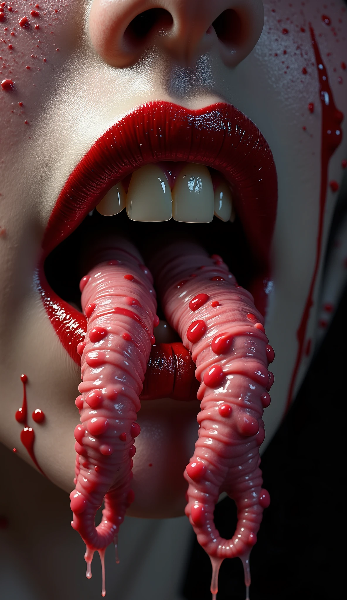 A hyper-realistic, high detail close-up of a demonic seductive female mouth, slightly parted. The angle is from the front and slightly below the chin, emphasizing the lips and their glossy, blood-red texture. Two forked tentacle-like tongues emerge from between her lips, fleshy and wet, with a texture similar to octopus skin—translucent pink, segmented, and slightly glowing. Her teeth are half-exposed, yellowish and human but sharp. The lighting is moody and cinematic, with reflections on the lips and shadows around the edges of the face. The background is dark and blurred to focus on the forbidden beauty and grotesque allure of the mouth. The atmosphere should feel erotic, unsettling, and mythologically infernal.