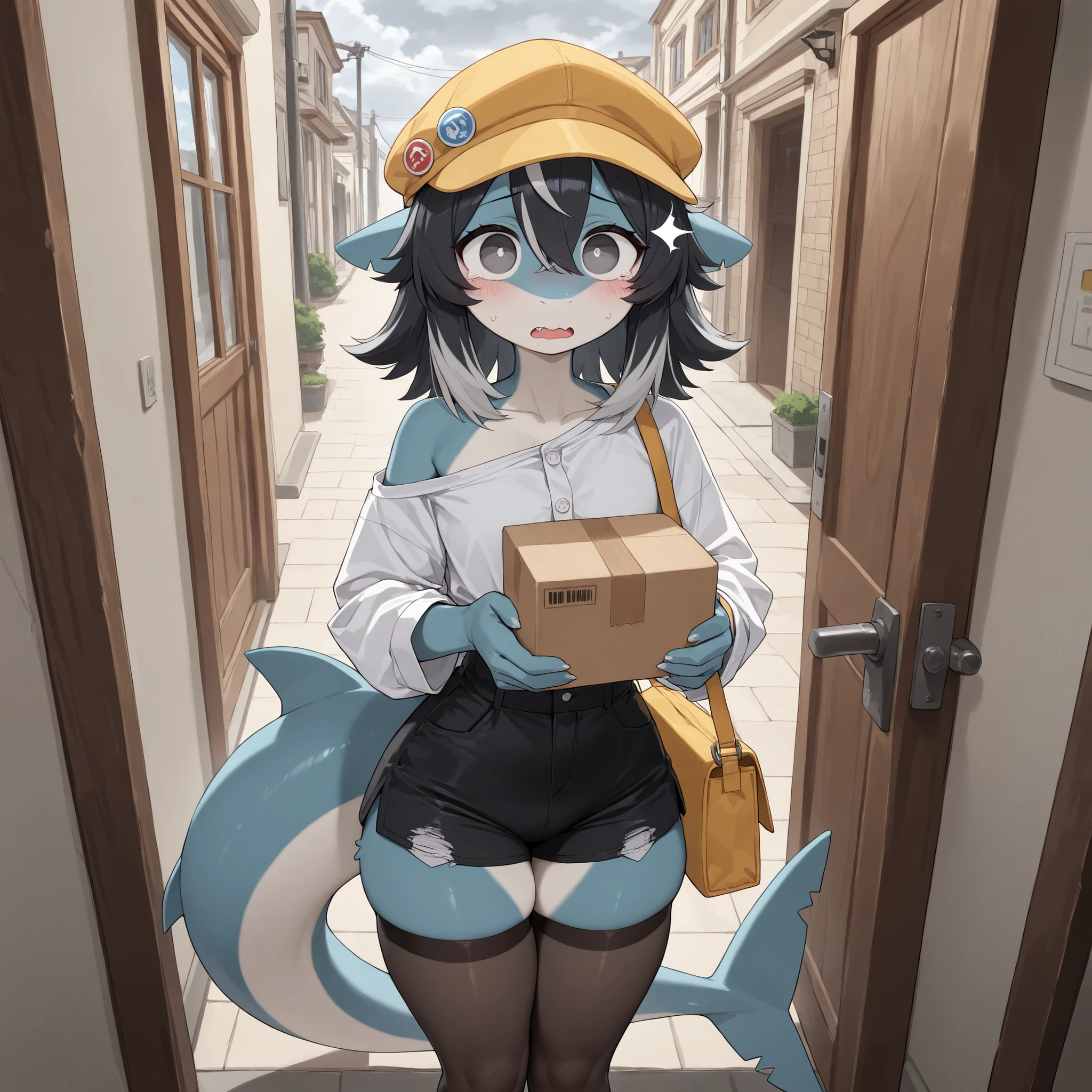 (Masterpiece, Best quality:1.2), (front angle, close up), front porch, street, cloudy, gray sky, detailed shadows, detailed lighting, dark lighting, adult, (broad shoulders), 1boy, solo, silver eyes, black hair, silver highlights on hair, medium hair, hair over whole head, (angular fringed) hair, anthro furry, shark, shark skin, (pointed shark ears), shark tail, light blue skin, [flat chest], thick thighs, medium ass, [medium body], curvy, cute, jitome, (femboy, feminine boy), wearing yellow hat (flat cap), exposed shoulder, long sleeves, white ((button shirt)), pin on hat, yellow shoulder bag, delivery bag, black cutoff shorts, stockings, shy, surprised, outside, clutching bag strap, raised eyebrows, open mouth, slight blush, surprised, standing up, ((holding package with both hands, holding box with both hands),) wide eyes, teary eyes, emotional, stockings, looking at viewer, doorframe, open door, standing on street, (very detailed body, face, tail, arms, hands, legs, head and eyes), from above, straight on