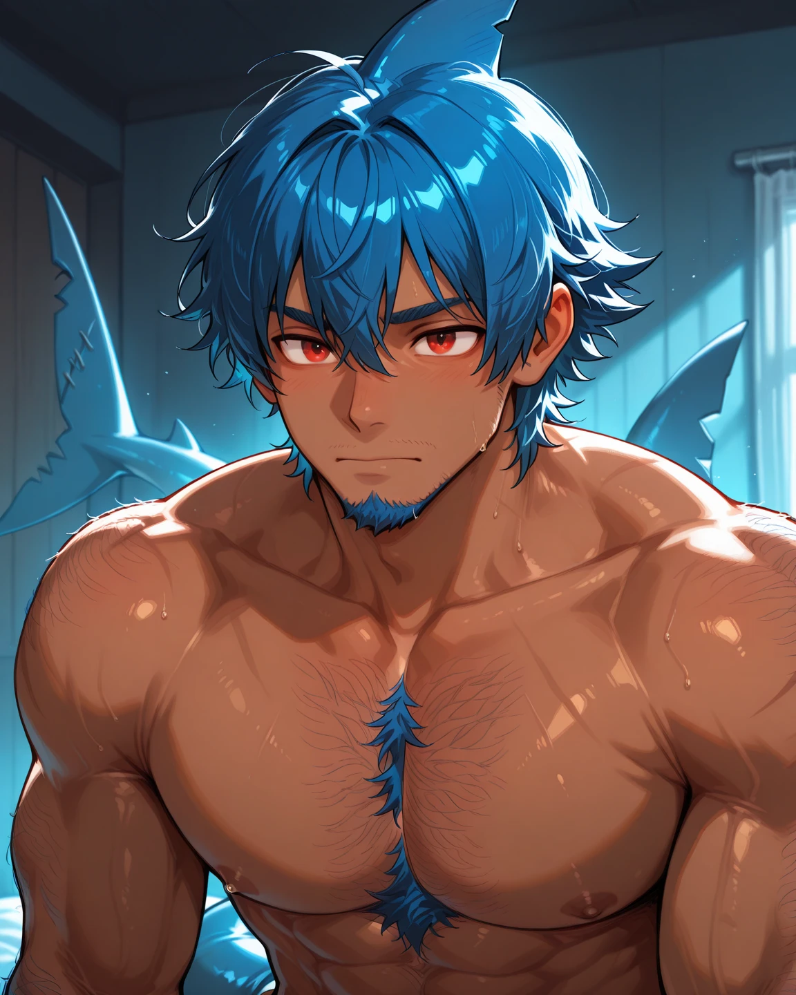 (((1boy))) (male) ((front view)) ((facing viewer))
Handsome, very detailed flawless face, detailed open blue eyes, very handsome, epic, heroic, pale skin, shaved.
(muscular) bodybuilder, ((big muscles)), ((large pectorals)), narrow waist, ((Very, very long hair, in a mullet cut, purple and blue gradient)),
seductive smile, Realistic face, realistic eyes, topless, mismatched pupils, Swear,
((((Almost naked)))), illidan, beast horns, full body, muscular legs, beefy ass, pubic hair, fender,
Highly detailed art, dramatic volumetric light, artstation, beautiful modern illustration, ((anatomically correct)).
