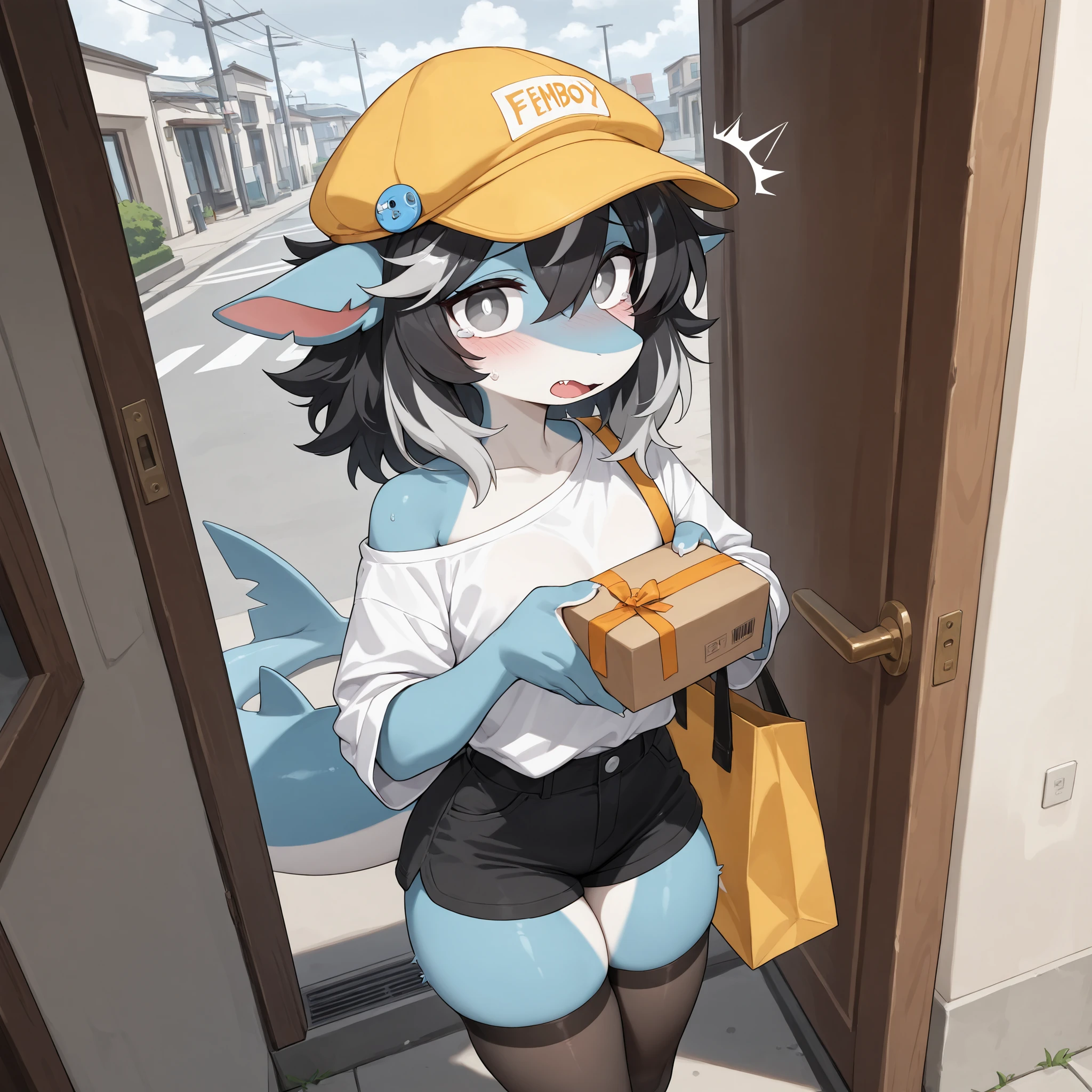 (Masterpiece, Best quality:1.2), (front angle, close up), front porch, street, cloudy, gray sky, detailed shadows, detailed lighting, dark lighting, adult, (broad shoulders), 1boy, solo, silver eyes, black hair, silver highlights on hair, medium hair, hair over whole head, (angular fringed) hair, anthro furry, shark, shark skin, (pointed shark ears), shark tail, light blue skin, [flat chest], thick thighs, medium ass, [medium body], curvy, cute, jitome, (femboy, feminine boy), wearing yellow hat (flat cap), exposed shoulder, long sleeves, white ((button shirt)), pin on hat, yellow shoulder bag, delivery bag, black cutoff shorts, stockings, shy, surprised, outside, clutching bag strap, raised eyebrows, open mouth, slight blush, surprised, standing up, ((holding package with both hands, holding box with both hands),) wide eyes, teary eyes, emotional, stockings, looking at viewer, doorframe, open door, standing on street, (very detailed body, face, tail, arms, hands, legs, head and eyes), from above, straight on