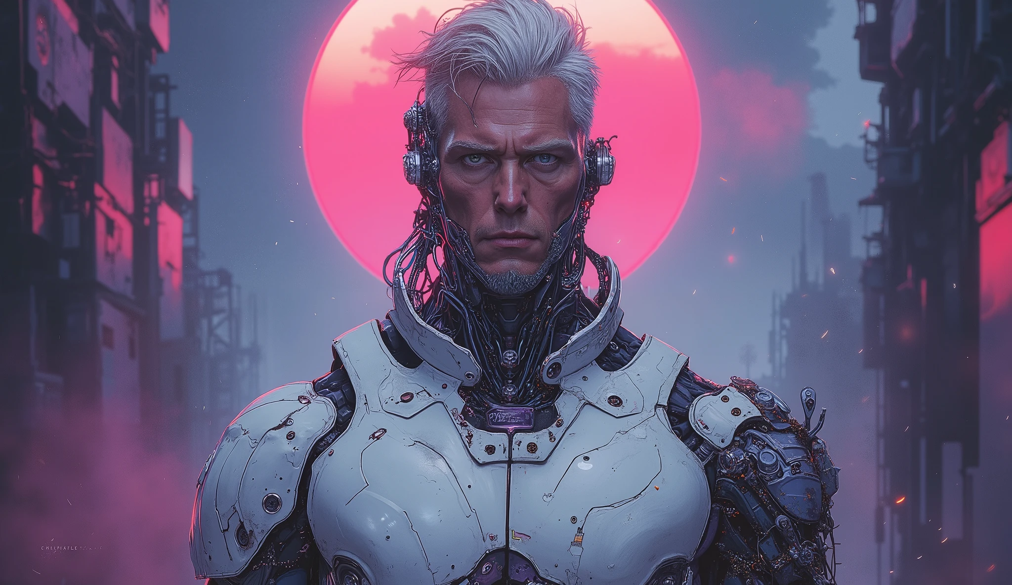 Full length detailed view. full sexy body, sexy muscle hybrid strong man and half cyborg animal, with big muscles looking into the camera, sexy muscle hyprid, hd realistic sharp details of the skin, beautyful eyes, cyborg hair, looking strong, a sexy mechanical outfit, in the background is a sun eclipse, Opalescence technical digital design. perfect eyes, top quality neo-Harajuku style embodying the mood of a post-apocalyptic world of an destroyed city by daylight, intricate robotic details, space age attire highlighted by sharp contrasting shadows, startlingly vibrant red neon colors, atmospheric dust particles, decaying beach background , digital UHD rendering, a breathtaking mix of fashion and dystopia. In white red and light black &white tones, hyper-realistic portrait in white, black and purple.(rede: 0.4), (natural skin texture,(facial details: 1.05) Hyperrealism, soft light, Sharpness (dark frame: 1.1), epic realism, full of quiet elegance. high contrast, cinematic lighting, and a whisper of metallic shine on the fabric. editorial, timeless chic. white, black and purple details, photo from far away, full body girl picture, sexy, robotic parts, big moon, big sun, detailed