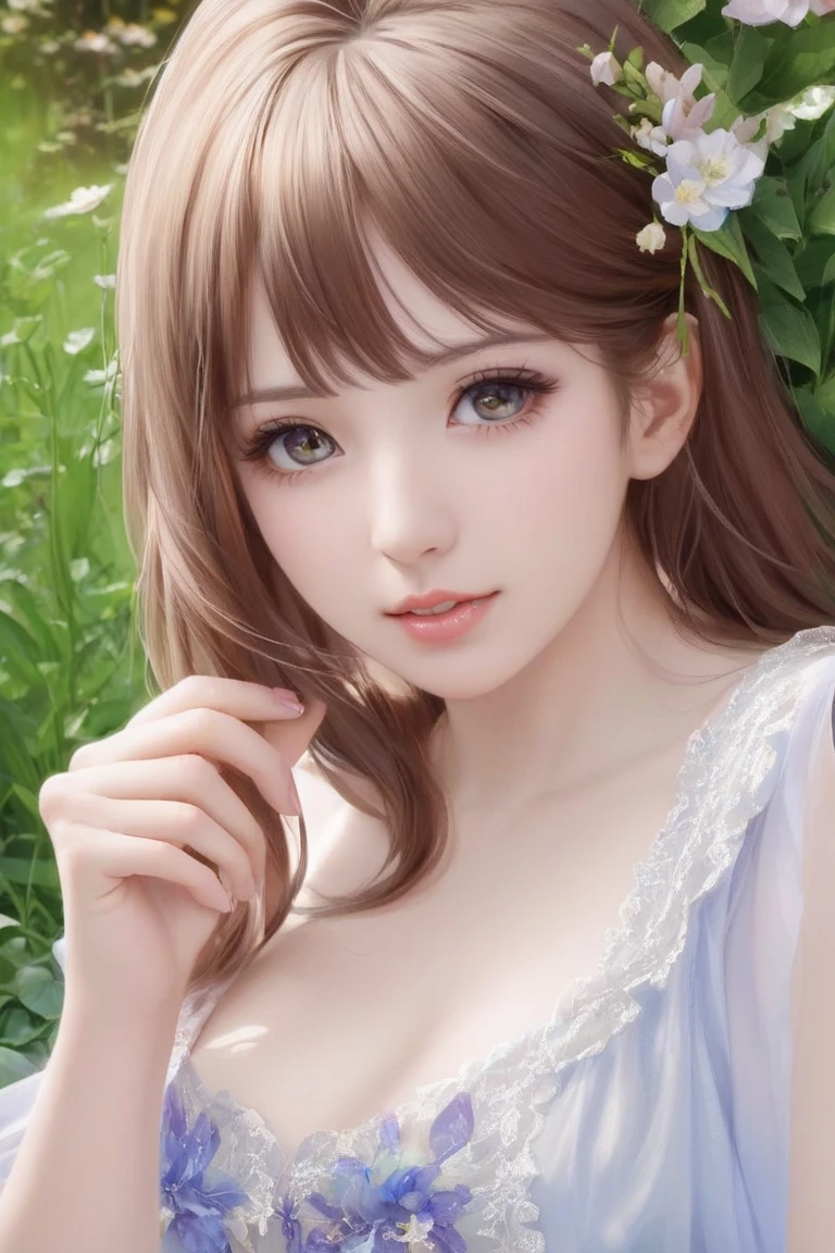 (flowers), (laying on the grass:1.5), sunflower, cloud, sky, field, flower_field, day, blue_sky, dress, flower, cloudy_sky, messy long hair, yellow_flower, solo, outdoors, orange_flower, long_sleeves, autumn, flowers, cleavage,sweet smile busty girl,