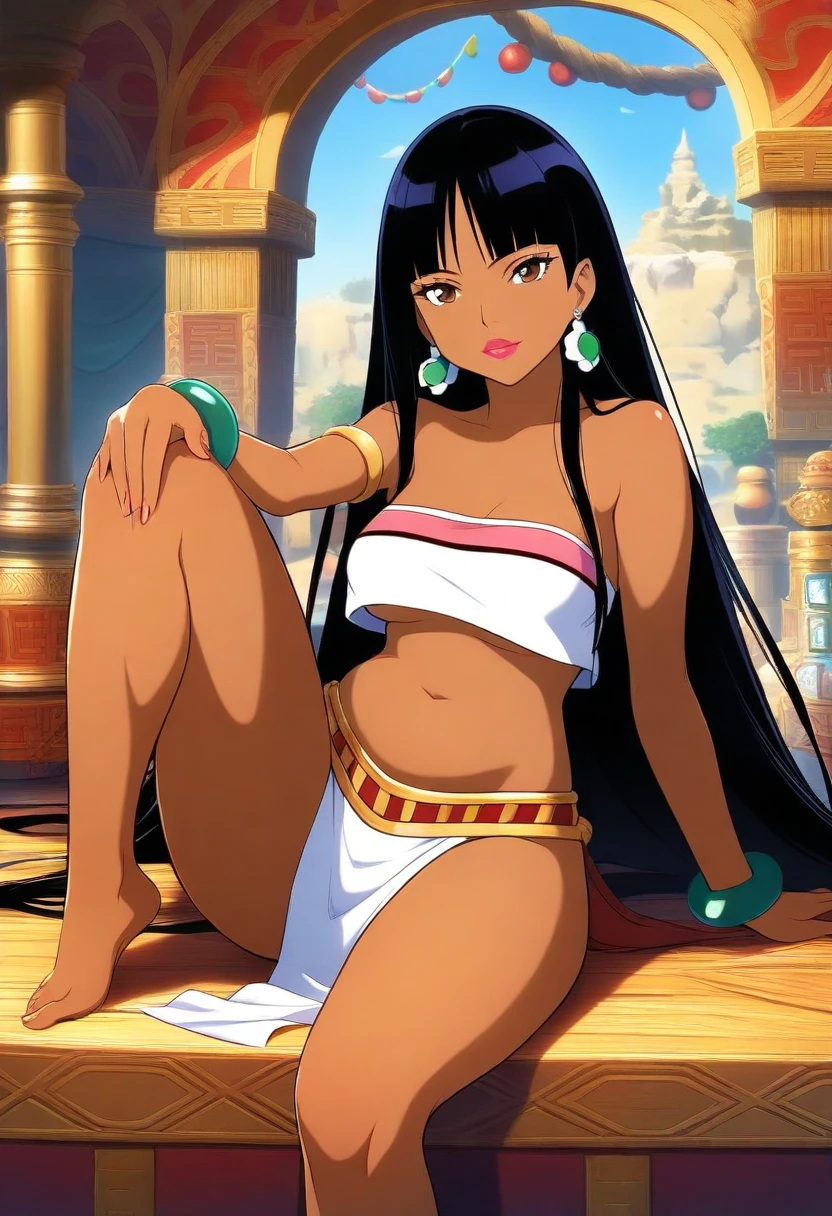 (high definition, ultra detailed, masterpiece, best quality: 1.2), el dorado, 1girl, chel, solo, ((naked)), petite, small breasts, wide hips, dark skin, dark-skinned female, latina, (sitting on the floor), (looking at viewer), ((masturbation, (hand spreading pussy))), (detailed pussy, clitoris, labia, inner labia), (female climax, sexual ecstasy, orgasm, furrowed eyebrows), blush, seductive, horny, black hair, blunt bangs, long hair, brown eyes, thick lips, lipstick, heavy makeup, jewelry, earrings, bangle, bracelet, bloom, cinematic, mayan palace interior <lora:Chel-10:0.6>