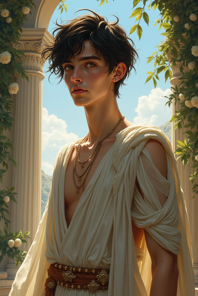 Create a detailed digital painting of a young man lying down in a relaxed, almost languid pose, with his head tilted back slightly, eyes half-closed, and lips slightly parted. His hair is tousled, falling softly over his forehead. The man is dressed in traditional ancient Greek attire, wearing a simple, flowing white chiton made of fine, lightweight fabric. The chiton drapes loosely over his body, leaving his chest partially exposed, with the fabric gathered and clutched gent