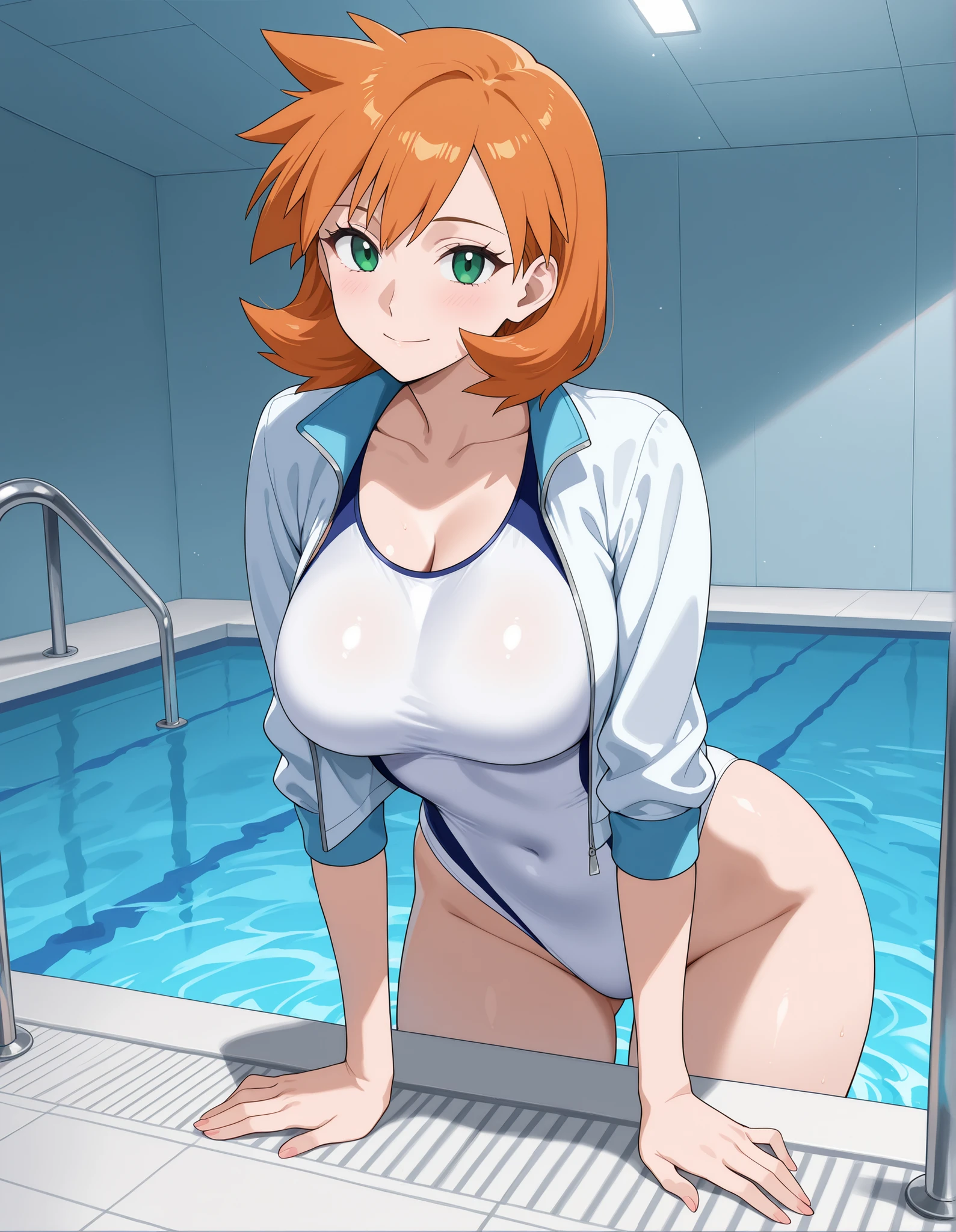 score_9, score_8_up, score_7_up, score_6_up, score_5_up, score_4_up, (source_anime), 1girl, neon genesis evangellion,( asuka langley soryu, small breasts, big Thighs, puffy nipples), far, full body, Swimming pool ,Revealing the breasts, Swimsuit, Wet, school, Masturbation