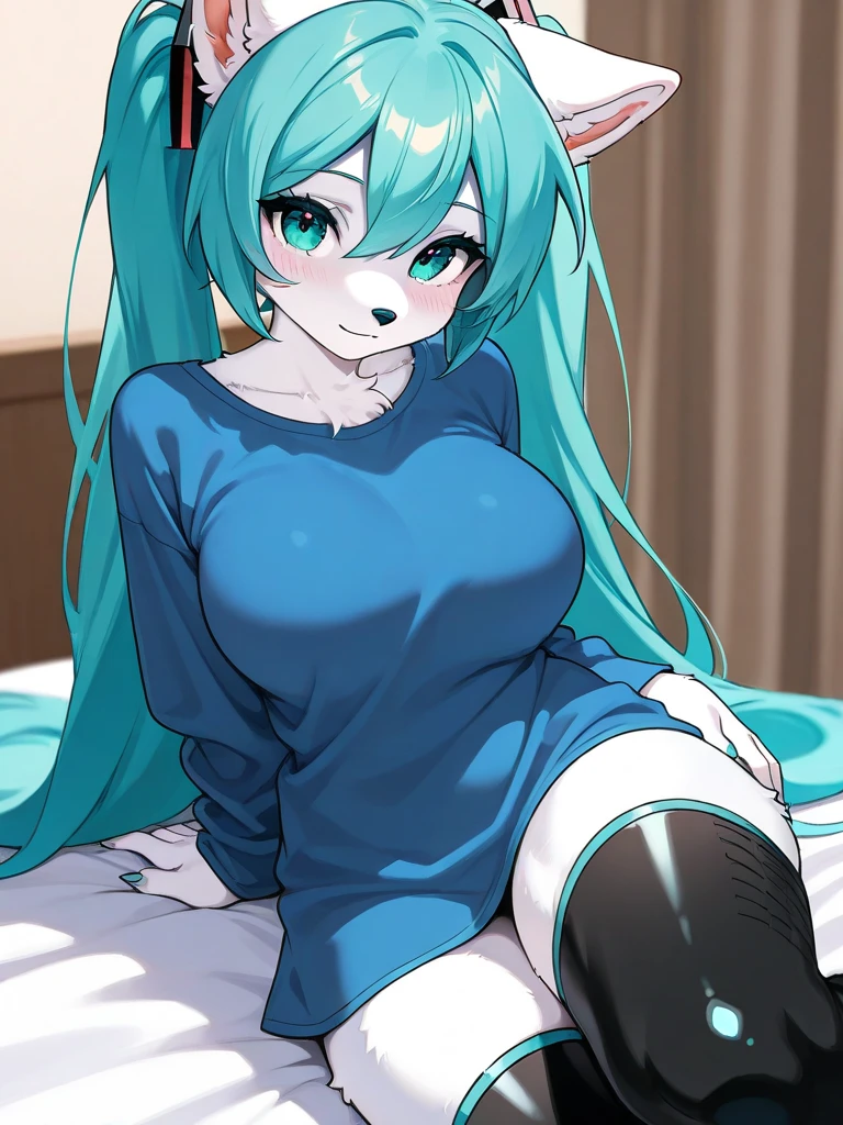 Hatsune miku aqua fur Masterpiece High quality High resolution、Anna Tanaka , wide, Sit with your knees bent、Eight-headed body、beauty legs 、At a school、As if looking up from below、embarrassed add_detail:1 nude