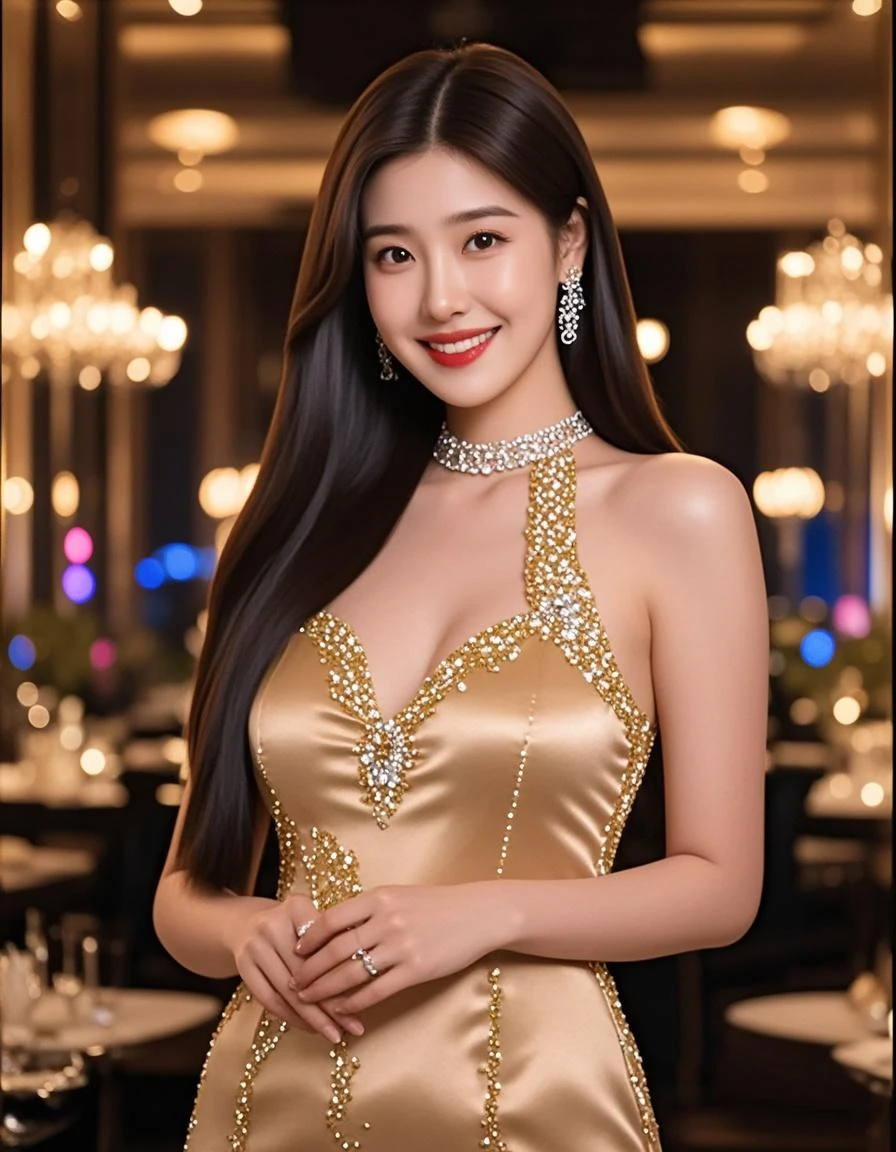 Best-quality, Masterpiece, Ultra-High-Resolution, (Photorealistic:1.4), Raw-Photo, 1girl, the most famous Japanese actress, at large banquet-hall in luxury hotel, having a lot of fun at big-banquet, wearing extremely gorgeous evening-dress, extremely beautiful face like the most popular Japanese actress, extremely beautiful big-black-eyes, extremely beautiful hair, extremely beautiful skins, extremely beautiful long-eyelashes, extremely beautiful lips, grinning, detailed large-banquet-hall-in-luxury-hotel, detailed big-banquet, detailed extremely-gorgeous-evening-dress, detailed grinning-face, detailed people-attending-big-banquet